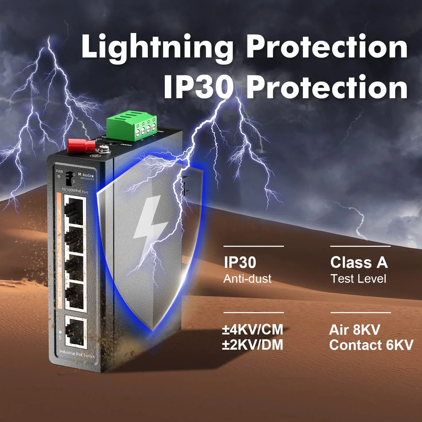 MokerLink Switch de riel DIN Industrial 5 Puertos PoE+, 4 Puertos PoE+ IEEE802.3af/at, 1 Enlace Ascendente, Fast Ethernet de 10/100 Mbps, riel DIN y Montaje en Pared incluidos