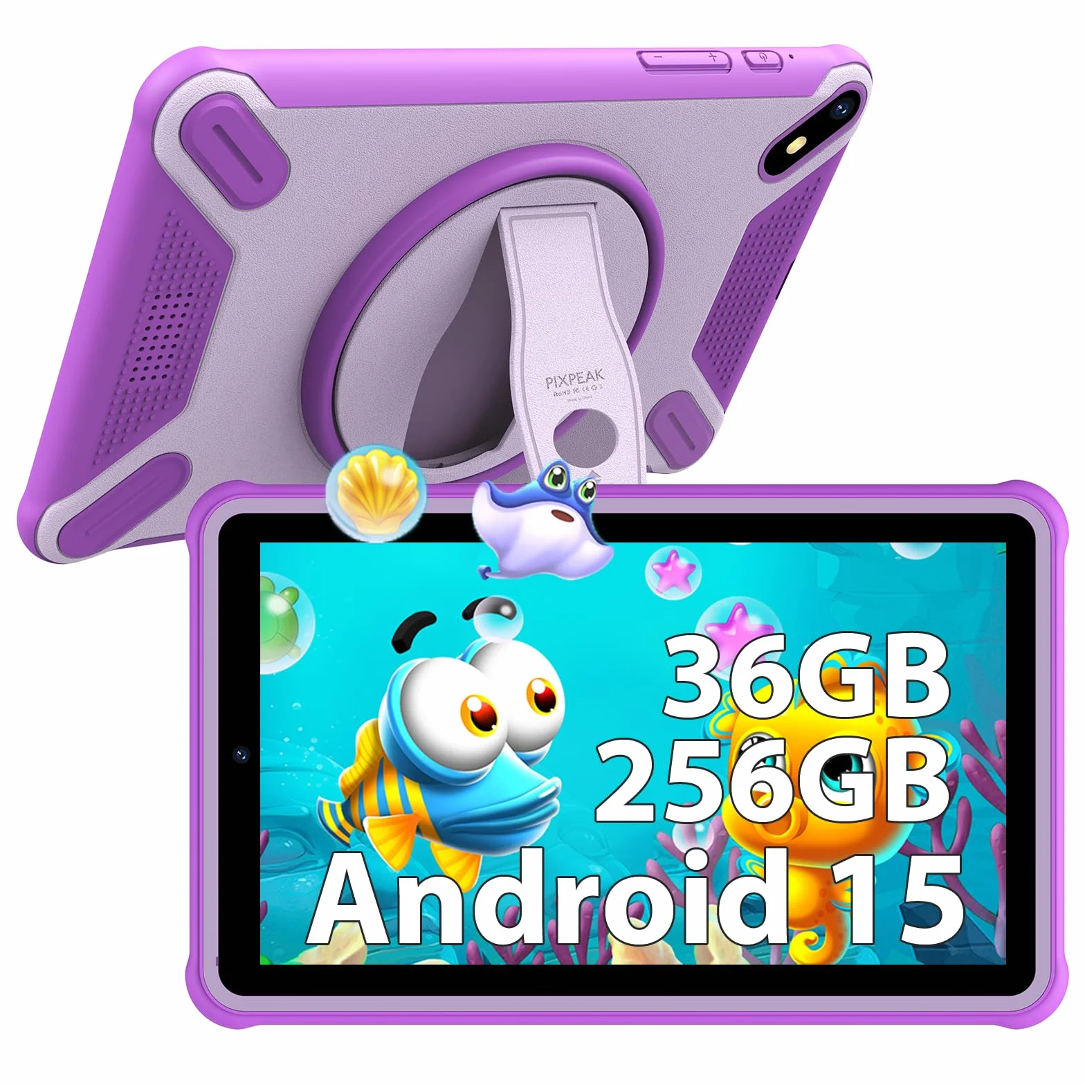 7" Tableta para niños, 36GB RAM 256GB ROM (SD Expandible), Android Kids Tablet, Control Parental, Pantalla FHD, 6580mAh, 5MP+2MP, WiFi, Bluetooth, Tableta Educativa (Pink)