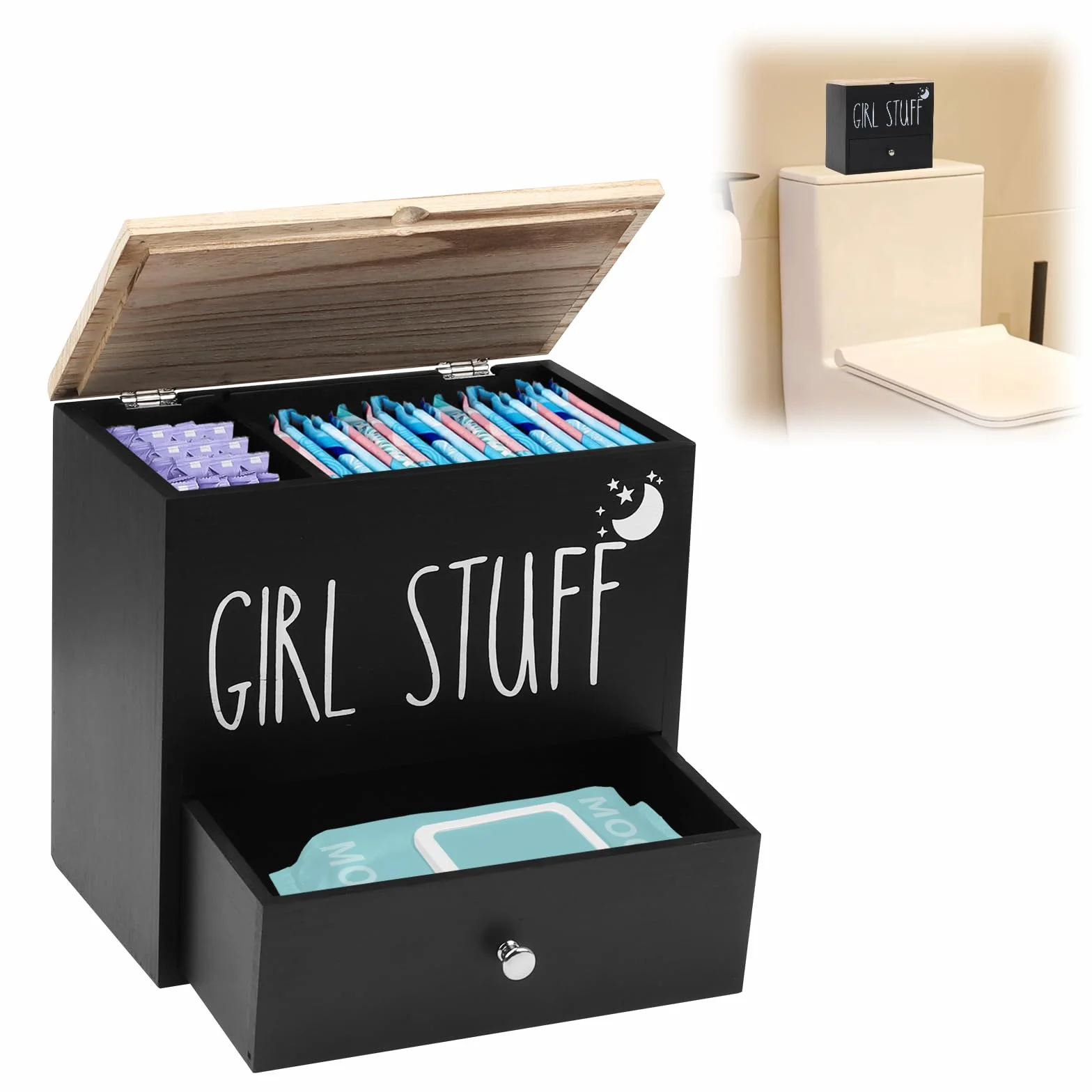 Caja Para Compresas y Tampones, 2 Compartimentos Caja Tampones con Tapa Organizador de Compresas y Tampones Dispensador de Almohadillas de Algodón para Baño, Tocador, Salón, Nergo