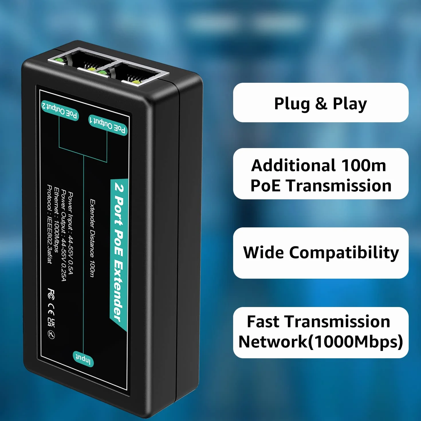 Extensor PoE Gigabit de 2 Puertos VIMIN, Repetidor PoE para Interiores 1 en 2 Salidas Compatible con IEEE802.3af/at con 1000 Mbps, Extensión Adicional de 100 m de Potencia y Transmisión de Datos
