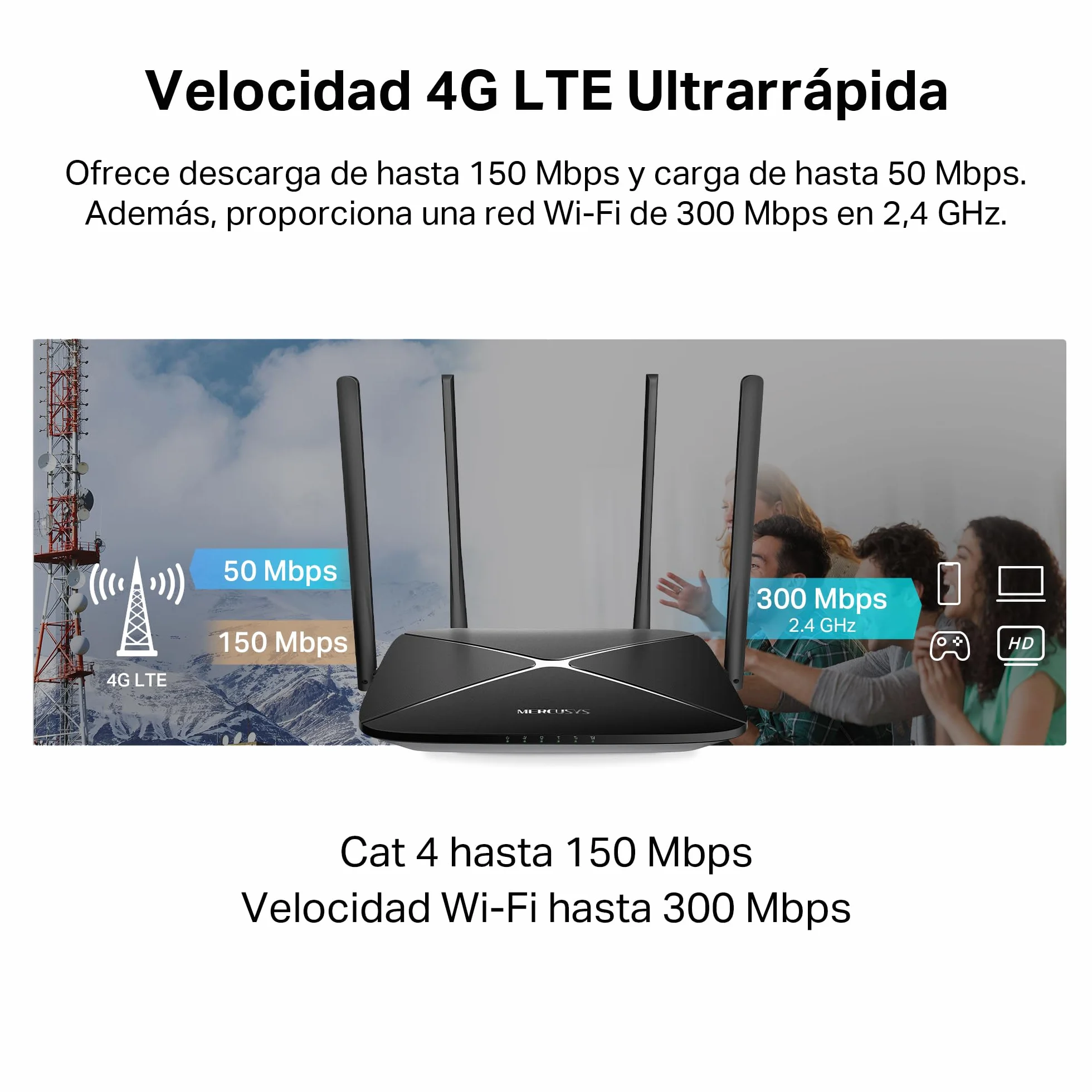 Mercusys MB115-4G 300 Mbps Wireless N 4G LTE Router, WiFi 300 Mbps, 4 Antenas, Cobertura para 32 Dispositivos