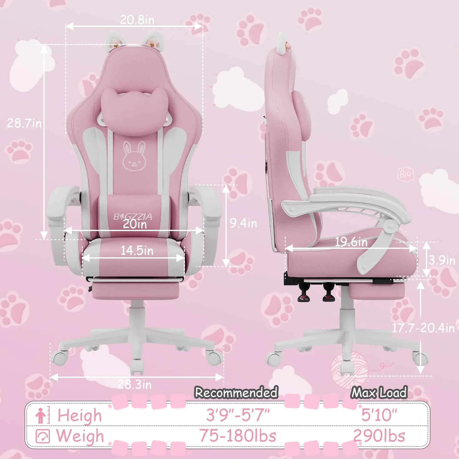 bigzzia Silla Gaming Ergonómica con Orejas de Gato Ajustable Altura Reposacabezas Soporte Lumbar Masaje Blanco Rosado