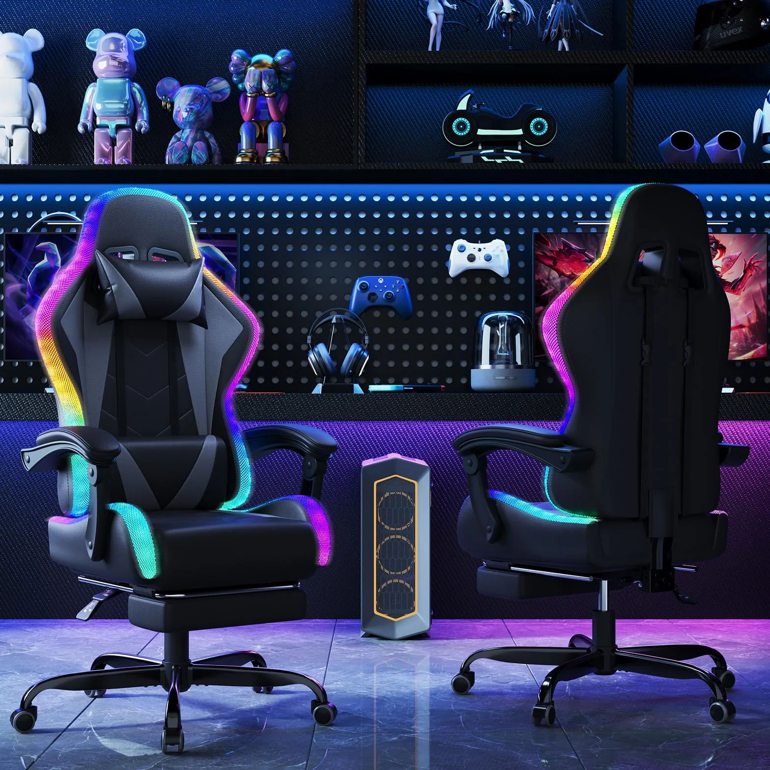 Devoko Silla Gaming con Masajeador y LED Ergonómica Oficina Reposapiés Iluminación RGB (Gray)
