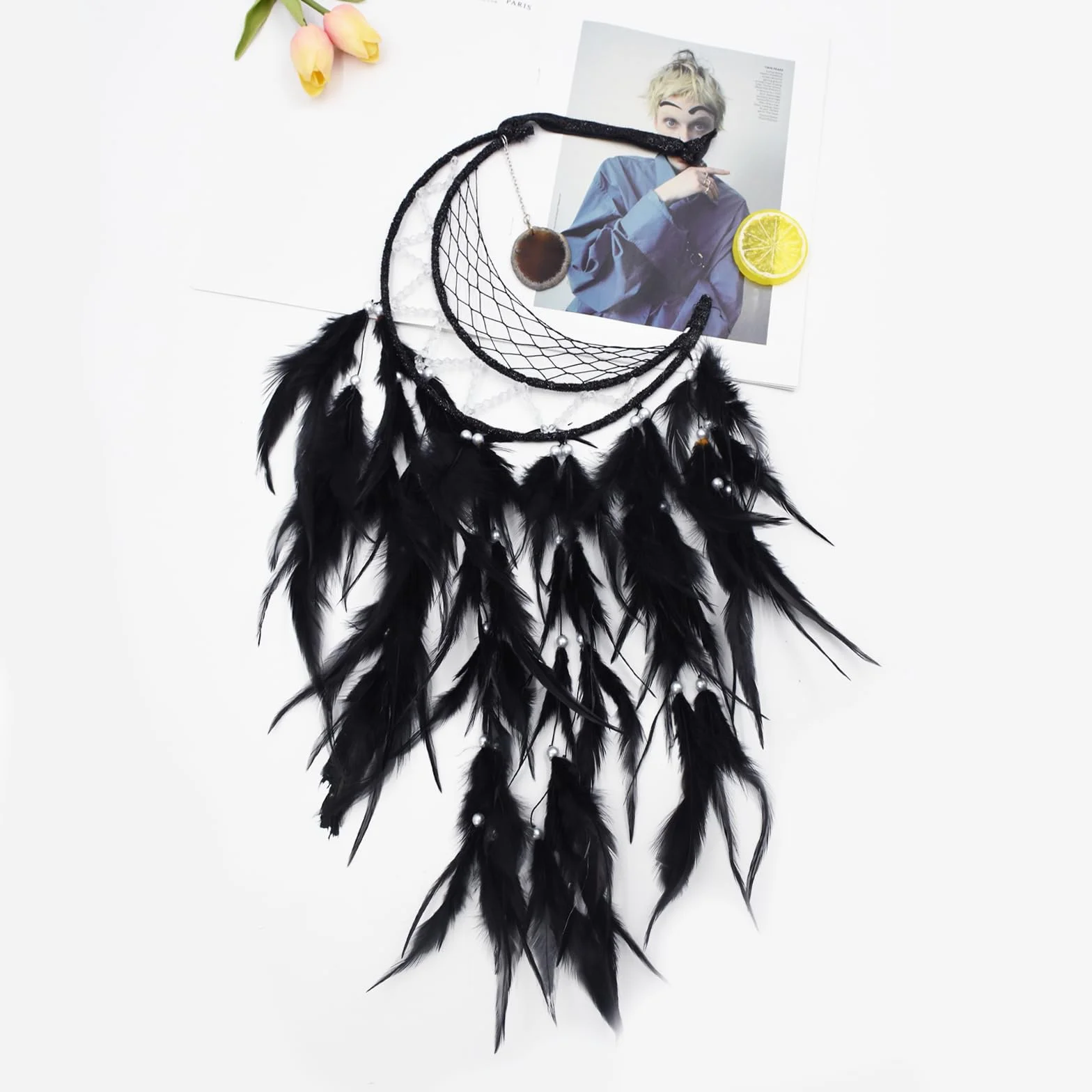 Atrapasueños de Luna Hecho a Mano para Colgar en la Pared, Estilo Bohemio, Negro