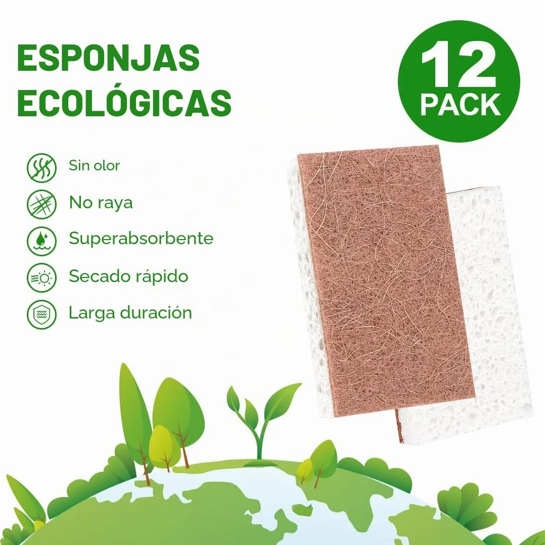 Set de 12 esponjas de cocina naturales HOMEXCEL, doble cara, resistentes a arañazos, celulosa segura para sartenes antiadherentes