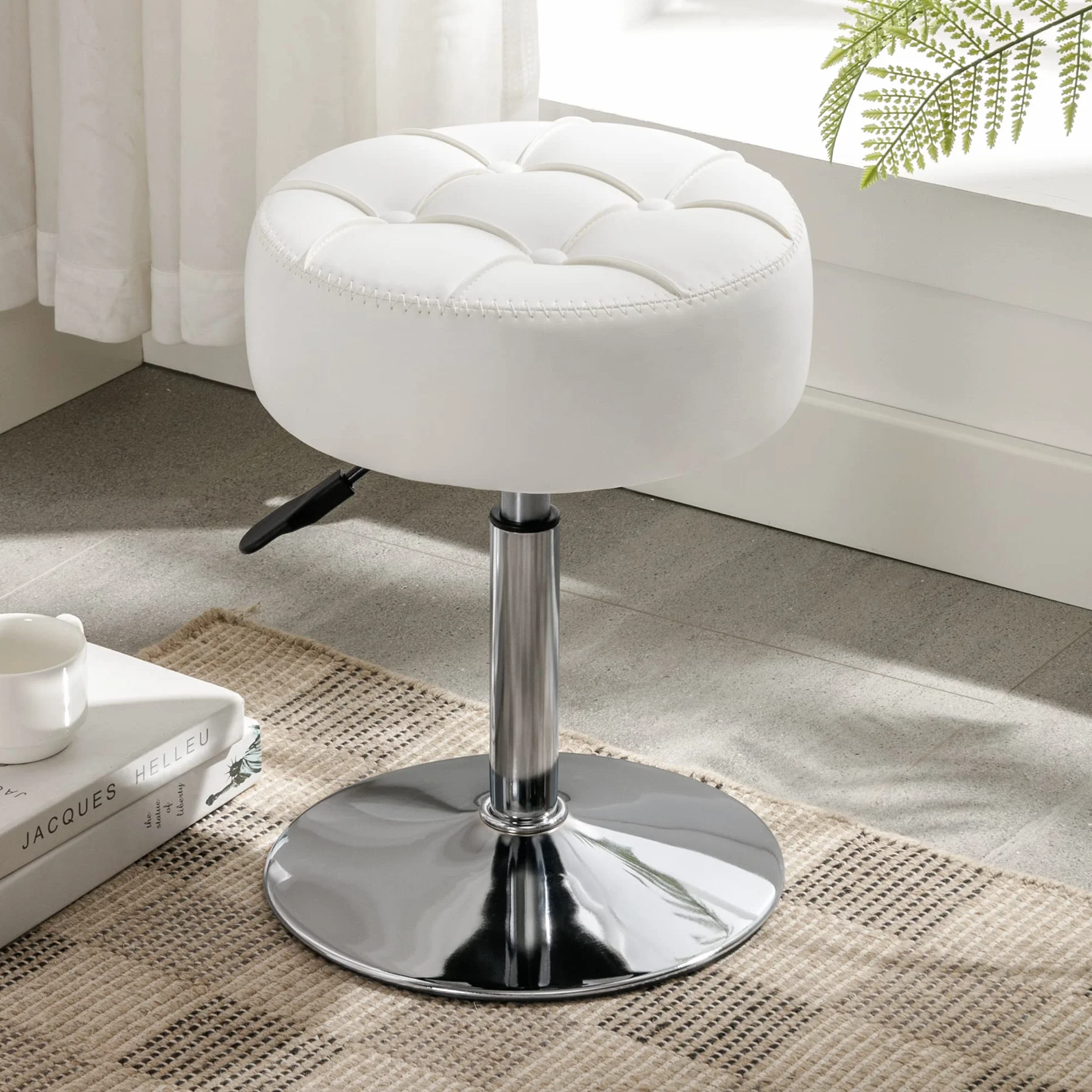 LUE BONA Taburete de tocador Giratorio 360° Altura Ajustable Silla de Maquillaje Polipiel Blanco