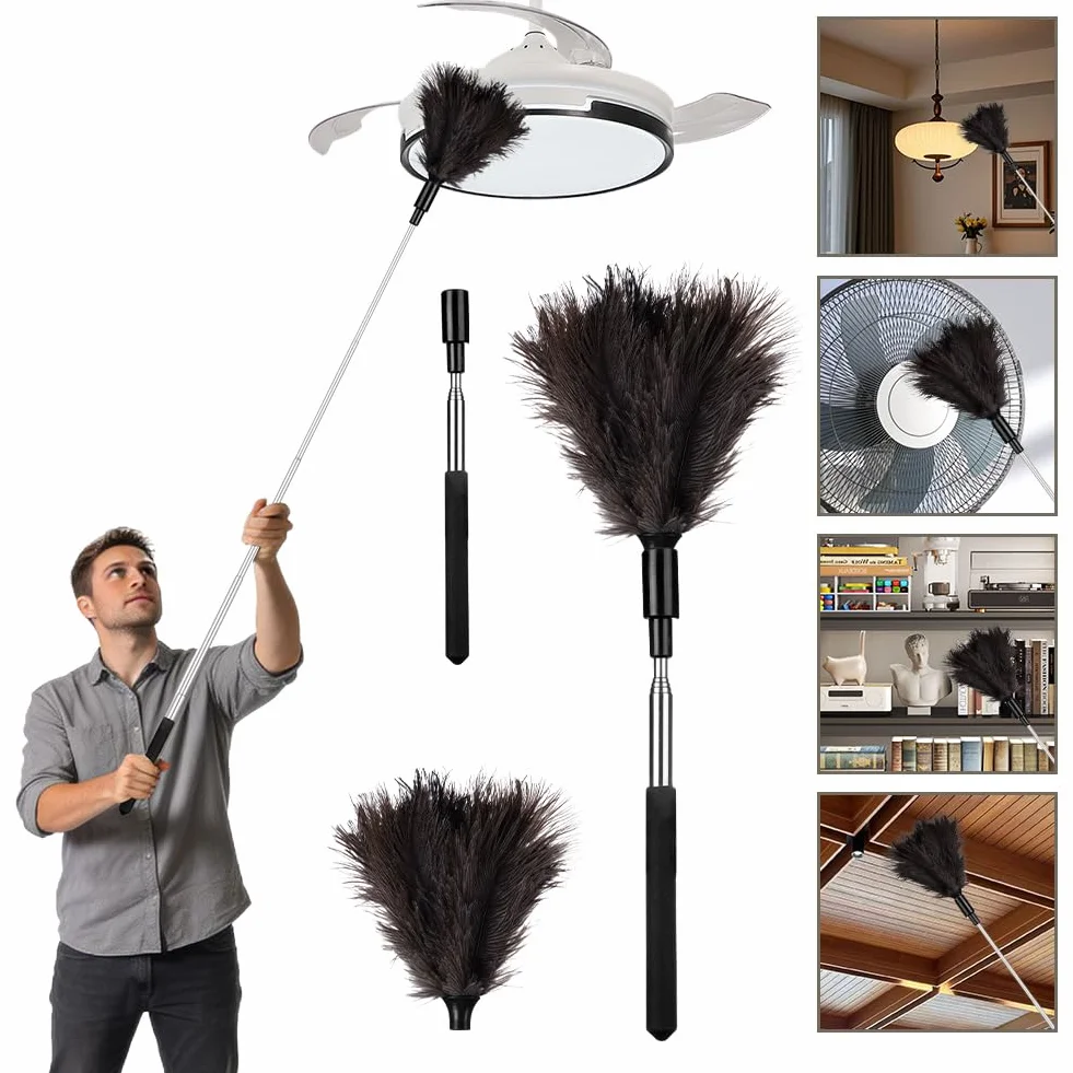 Vicloon Plumero de Plumas de Avestruz Duster Atrapapolvo 38-85cm Extensible Ajustable Lavable Mango de Acero Inoxidable