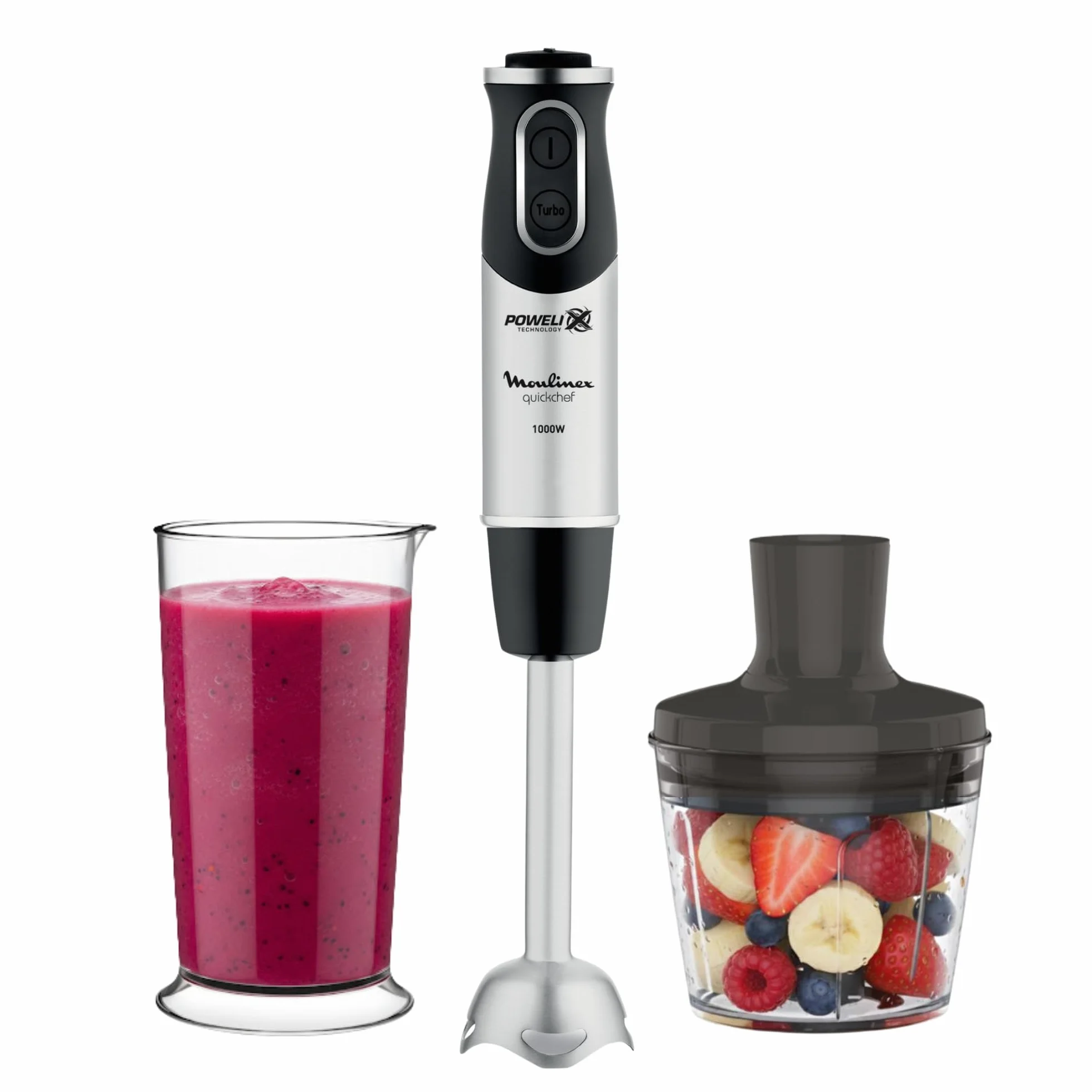 Moulinex QuickChef, Batidora de Mano de 1000 W, 10 velocidades variables y función turbo, Protector antisalpicaduras, Incluye picador de 500 ml y vaso medidor de 800 ml, Negra, DD6578