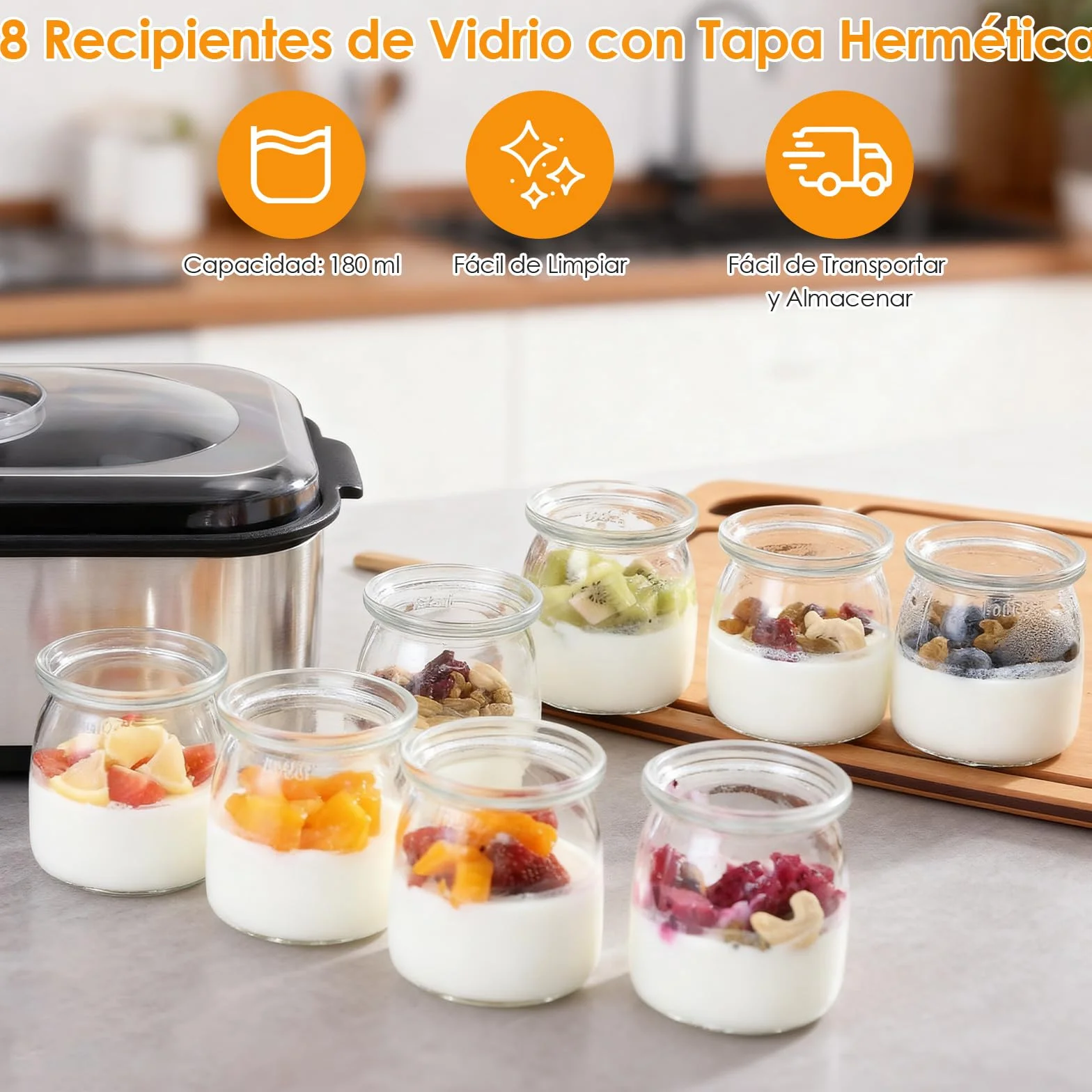 Dreamhigh Yogurtera Eléctrica 1.4L 8 Tarros de Cristal 180ml Temporizador 1-48H Apagado Automático