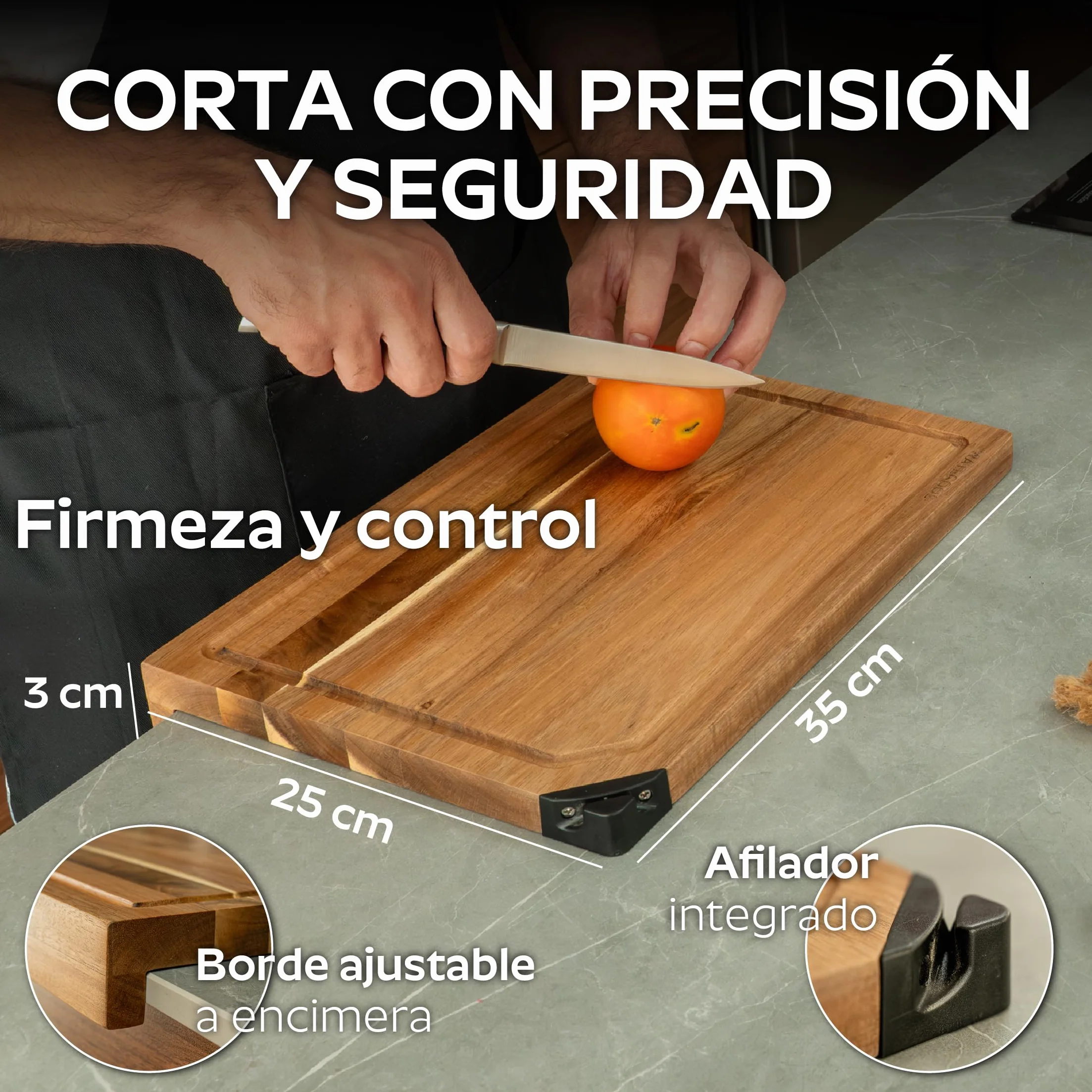 Tabla de Cortar Madera de Acacia con Afilador Integrado 35x25 cm Antideslizante