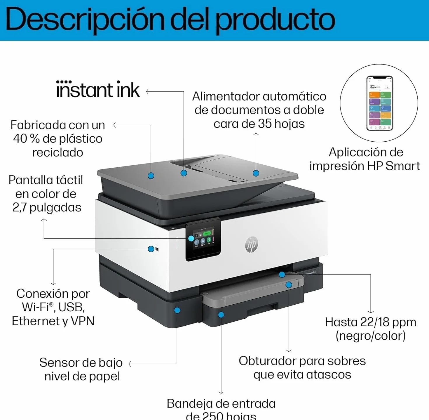HP OfficeJet Pro 9120e, Impresora multifunción Profesional de inyección de Tinta A4 a Color, Copia, escáner, fax, Wi-Fi, impresión a Doble Cara automática, 22 ppm, 6 Meses Instant Ink, Gris