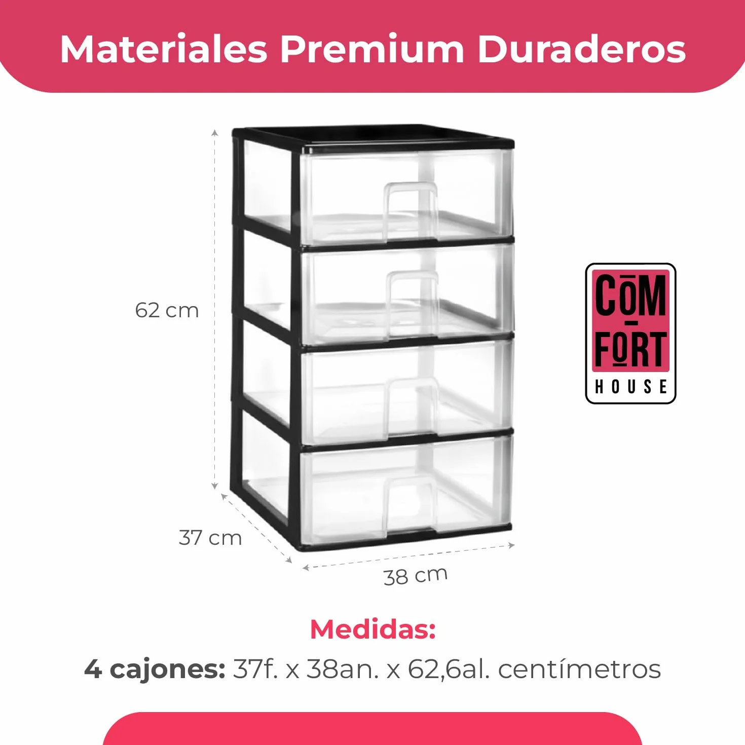 Cajonera Plástico 4 Cajones Negro Almacenamiento 37x38x62.8cm COM-FORT HOUSE