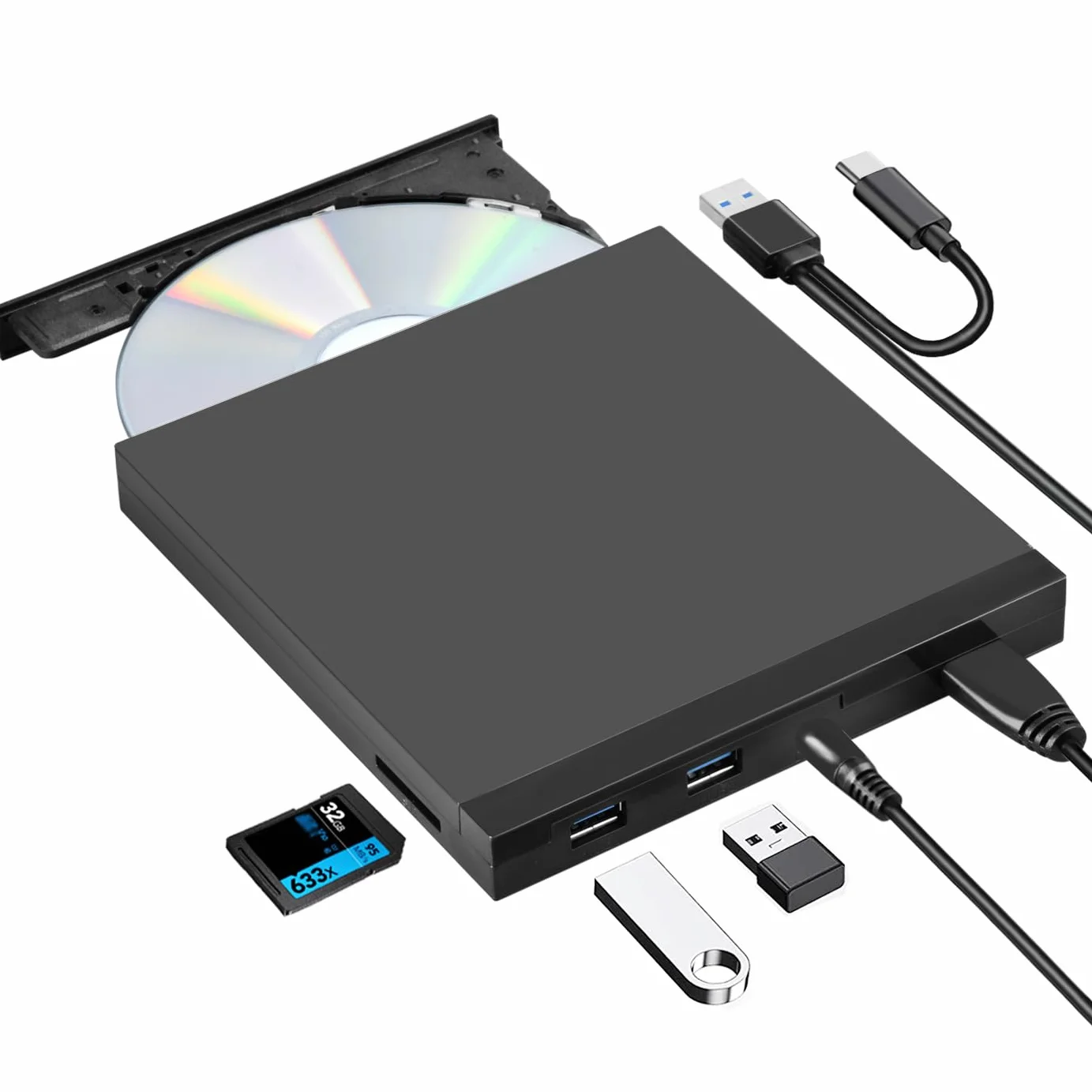 ROOFULL Unidad externa de CD/DVD 5 en 1 con ranura para tarjeta SD y puertos USB 3.0, lector de disco óptico USB-C, grabadora de CD, reproductor de DVD para laptop Windows 11/10, Mac MacBook, Linux PC