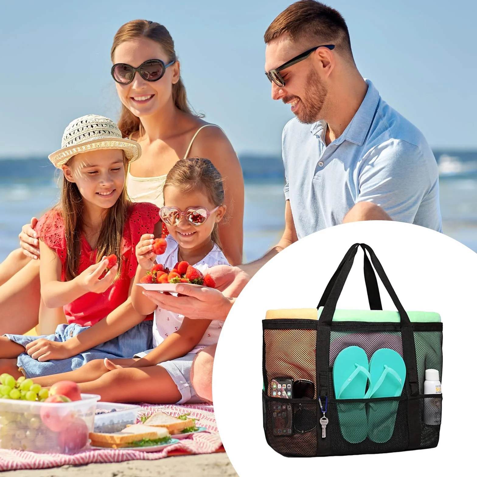 Bolsa de playa de malla grande reutilizable con cremallera, bolsa de cosméticos plegable (negro)