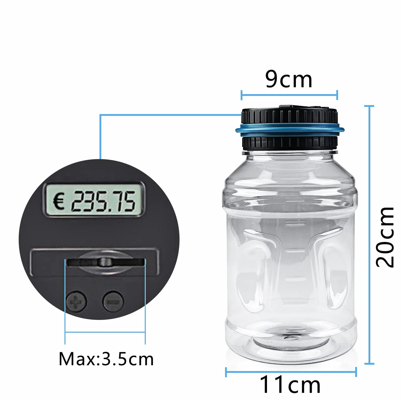 Hucha Electrónica Adulto con Pantalla LCD, Contador Automático de Monedas Euros, Alcancía Digital Transparente Gran Capacidad Caja de Dinero (1.8L)