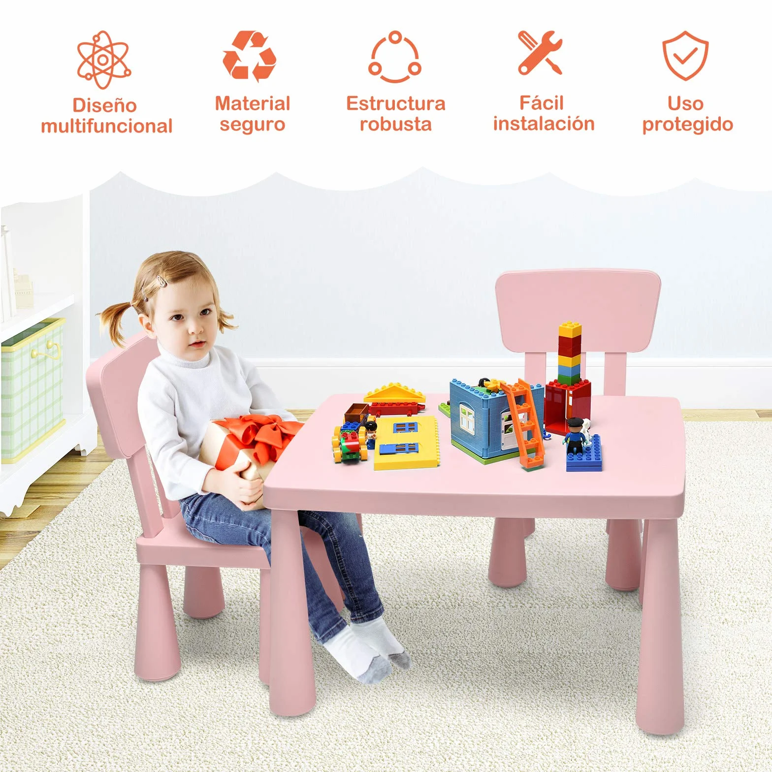 COSTWAY Juego de Mesa y 2 Sillas de Plástico para Niños Rosa