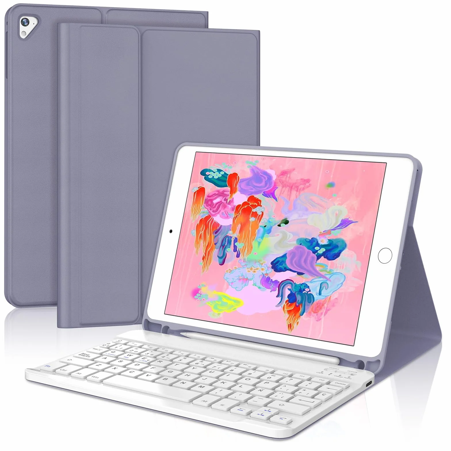 IVEOPPE Teclado iPad 6 Generación 9.7" 2018, Funda Teclado Español Ñ Bluetooth Magnética Wireless para iPad 6a/5a/Pro 9.7/Air 2/Air 1, Púrpura Lavanda