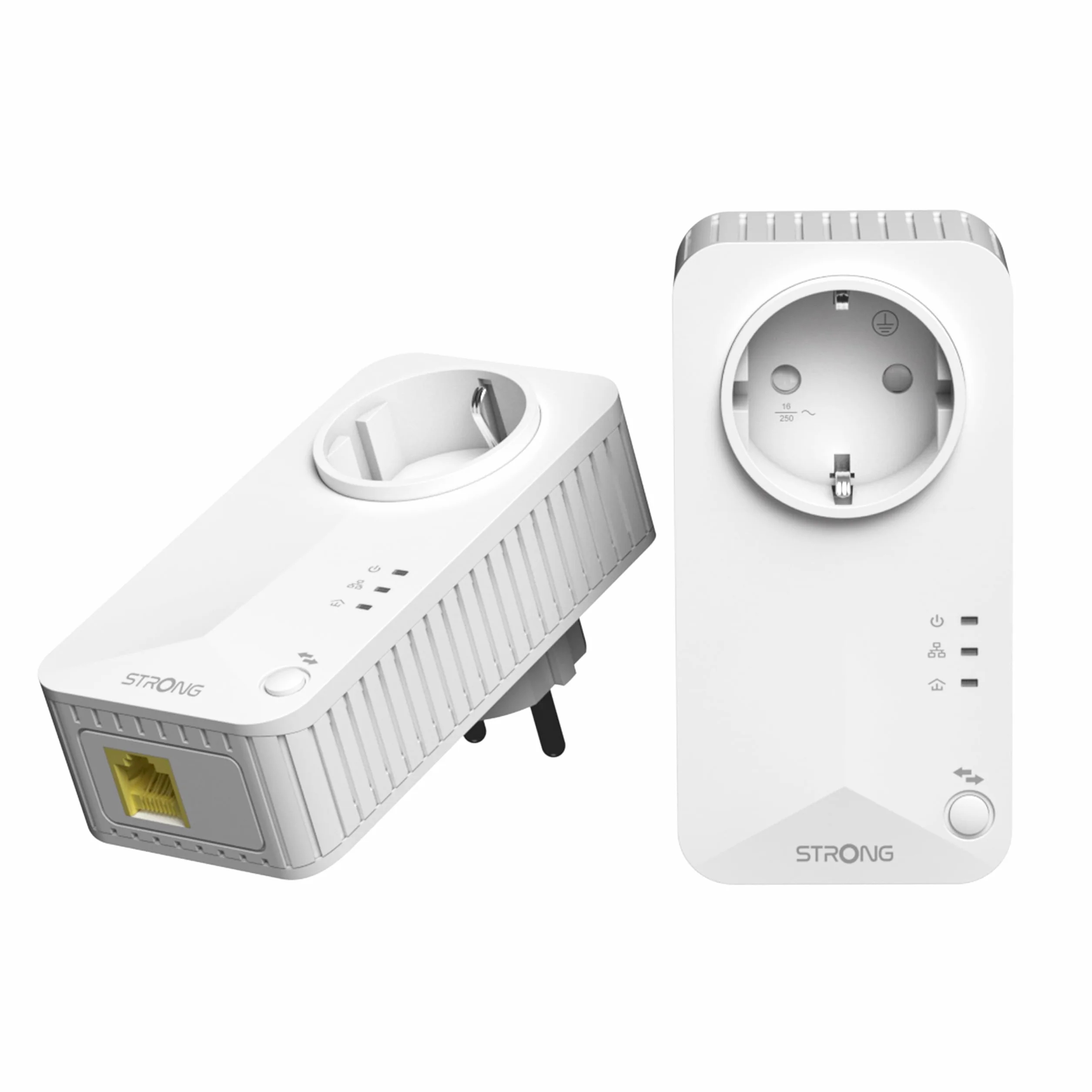 Strong AV600 Adaptador Powerline Set con Enchufe, PLC HomePlug AV2, Plug & Play, Enchufe Integrado, Modo de Ahorro de Energía, Puertos LAN 100 Mbit/s, Sin WiFi, Internet por Red Electrica