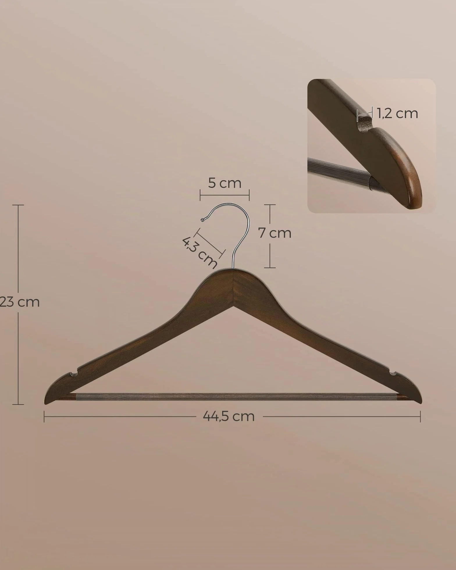 SONGMICS Percha de Madera Maciza Juego 20 con Ranuras Hombros Barra Antideslizante Pantalones Gancho Giratorio 360° Nogal Oscuro Plata CRW02V20
