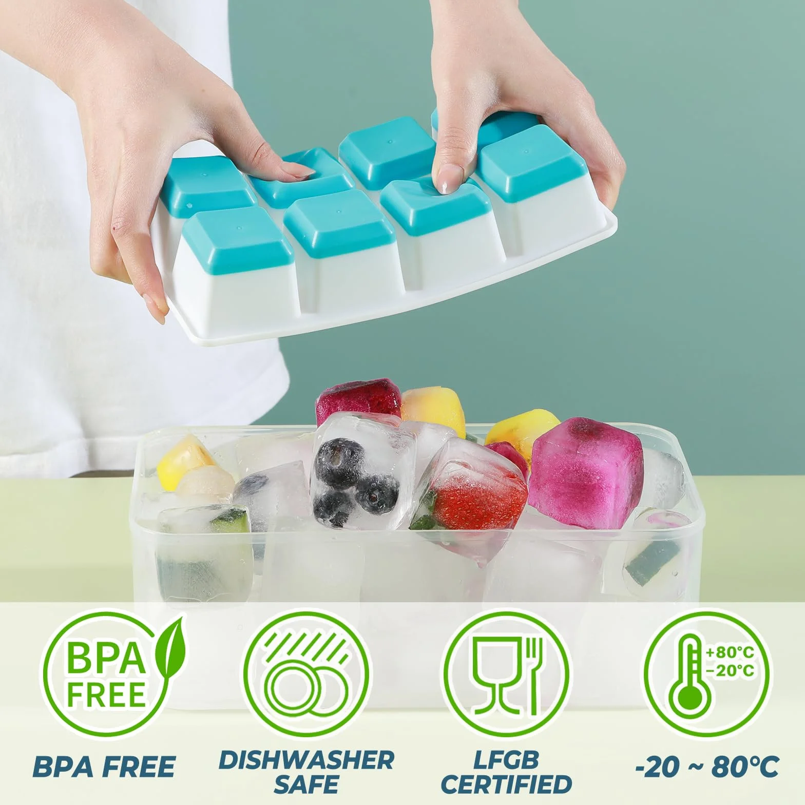 JRISBO Cubiteras para Hielo Grande 2 Piezas, Silicona con Tapa sin BPA Apilables Moldes de Hielo para Cóctel Whisky (Azul + Verde)