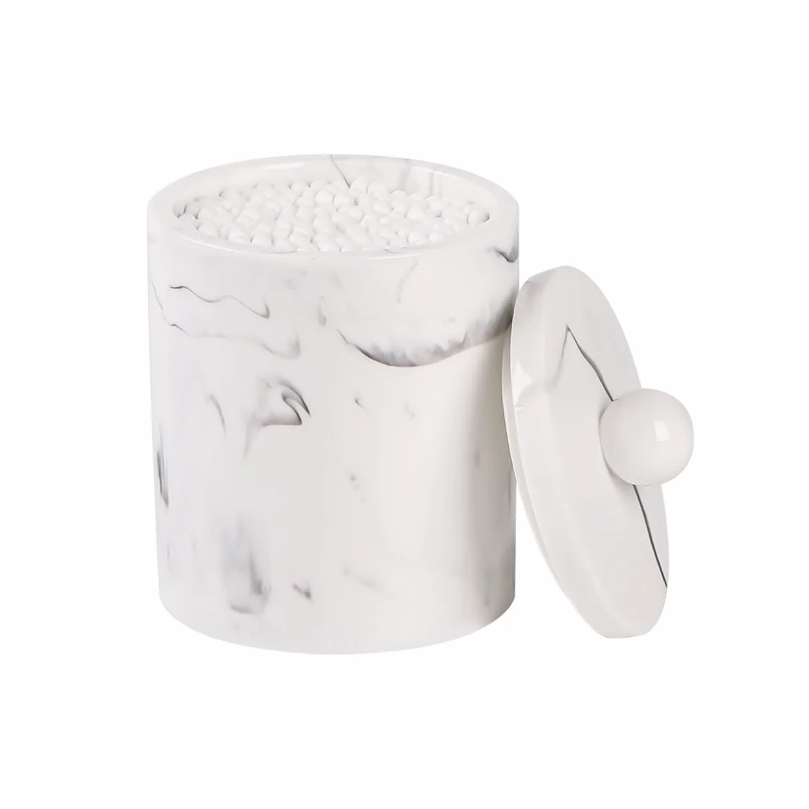 Soporte de mármol Qtip con tapa, recipiente de hisopo de algodón de resina blanca, tarros de almacenamiento de boticario pequeños, soporte de punta Q de baño para bolas de algodón, hisopos