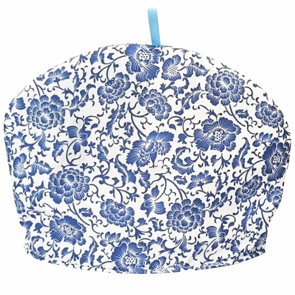 Funda de té de algodón con estampado floral vintage para decoración de tetera, cozies aislada, cubierta antipolvo para cocina (flor azul)