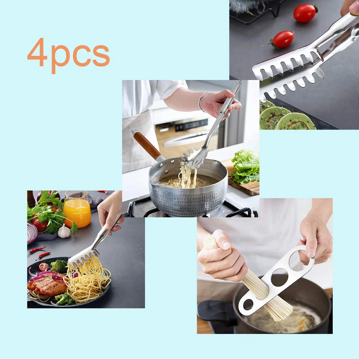 Acero Inoxidable Pinzas Espaguetis Cuchara Pasta Herramienta Medidora Espaguetis 4 Piezas