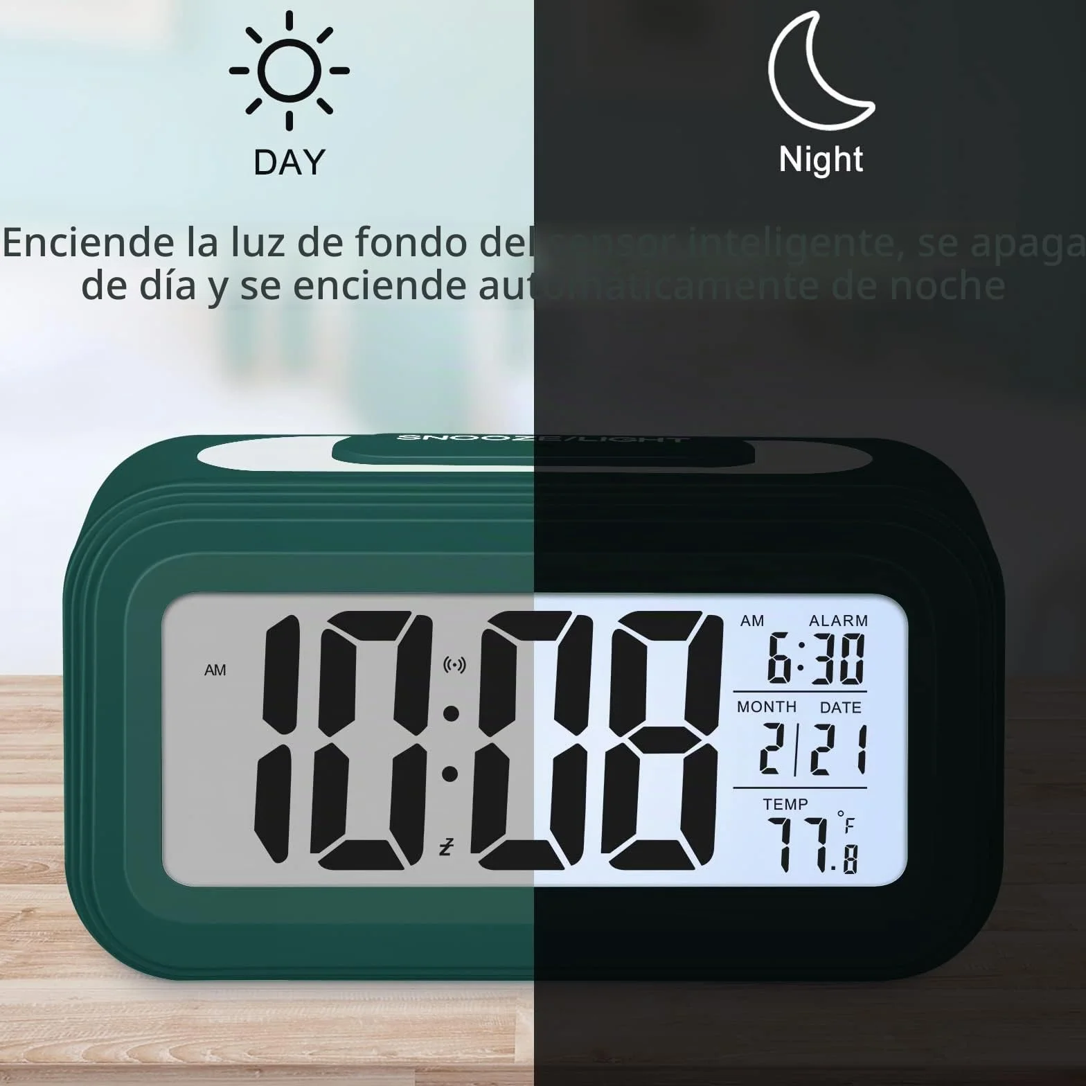 Despertador Digital Silencioso Inteligente a Baterías con LED Luminoso Función Snooze Fecha Temperatura Verde Oscuro