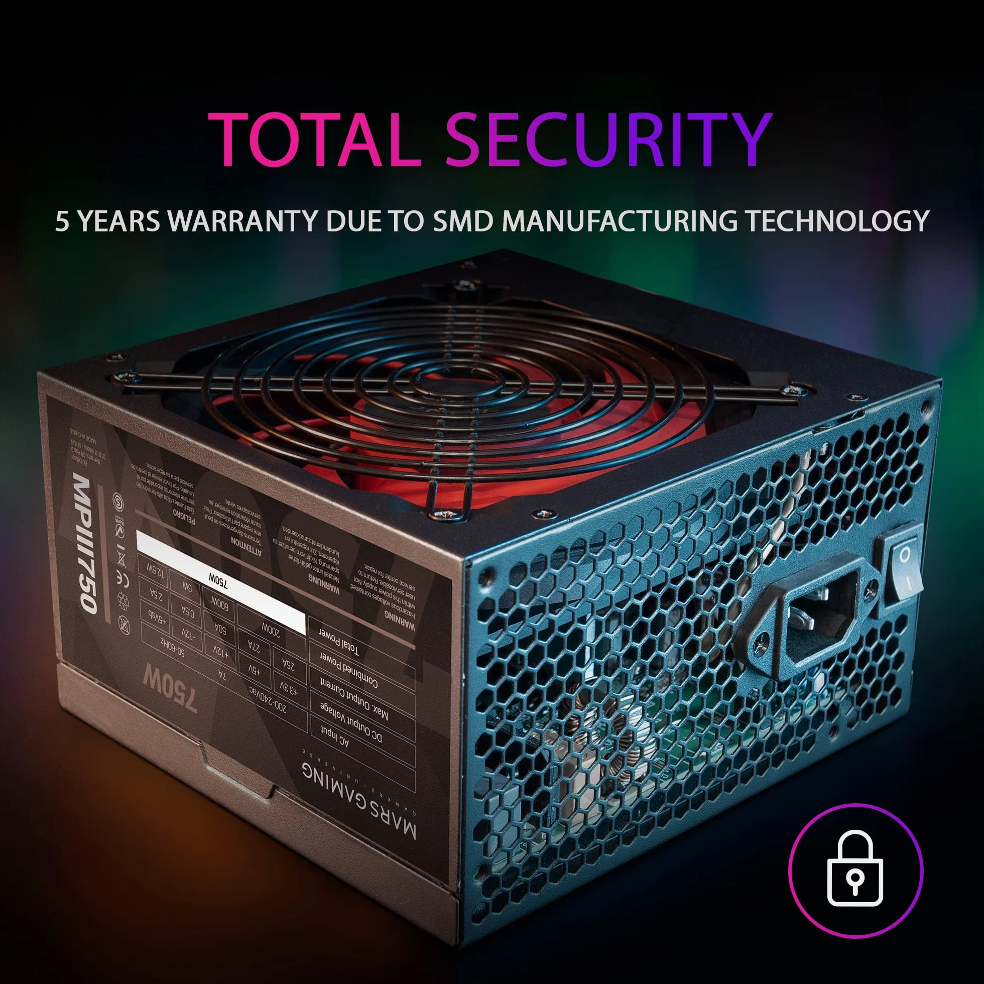 Mars Gaming MPIII750, Fuente Alimentación ATX 750W, 5 Años de Garantía, 85% Eficiencia, Sistema Digital APFC, Ventilador FDB 120mm AI-RPM, Tecnologías DC-DC y SMD, Cables Planos Extralargos, Negro