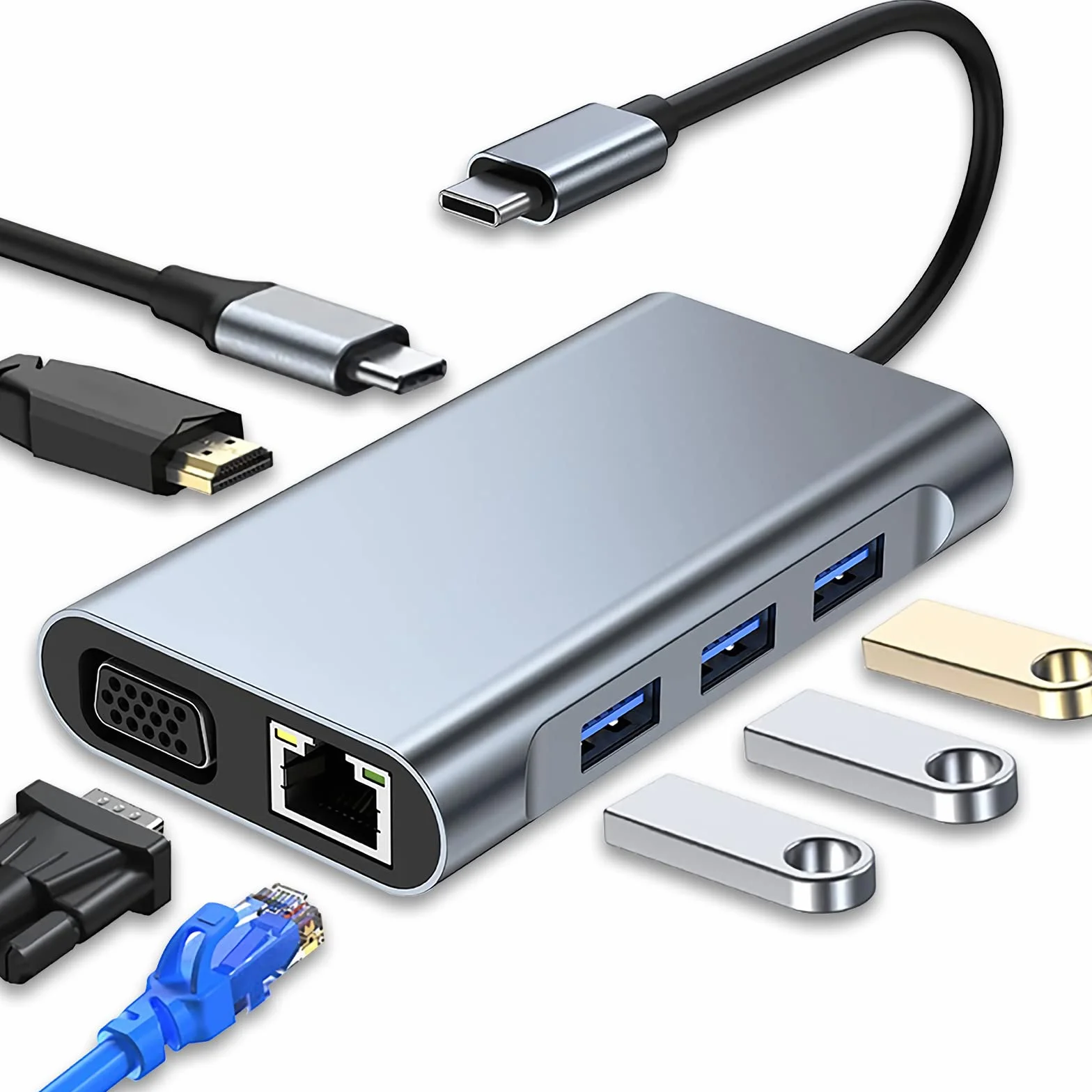 Adaptador multipuerto USB C 3.0 7 en 1 con 4 K, HDMI, VGA, 100 W PD y RJ45 Ethernet, estación de Acoplamiento, Compatible con MacBook Pro & Air USB C Dispositivos Tipo C