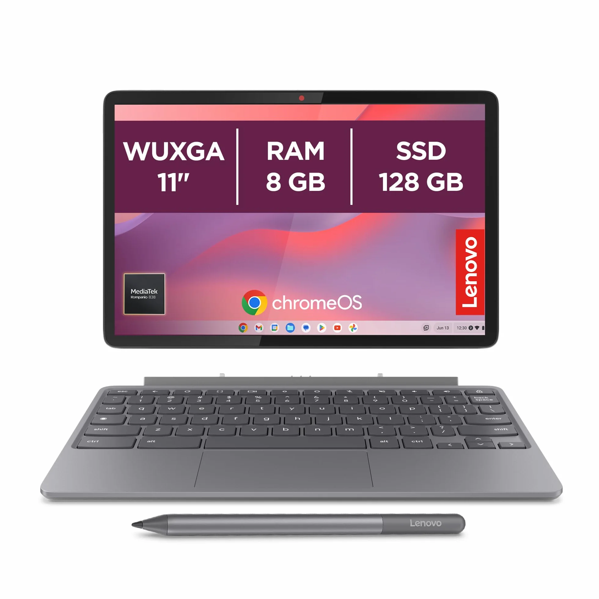 Lenovo Chromebook Duet 11 Gen 9-11" WUXGA Táctil + Lápiz Incluido (MediaTek Kompanio 838, 8GB RAM, 128GB Emmc, ChromeOS) Gris QWERTY + 3 Meses Google AI Pro con Gemini Pro y 5TB