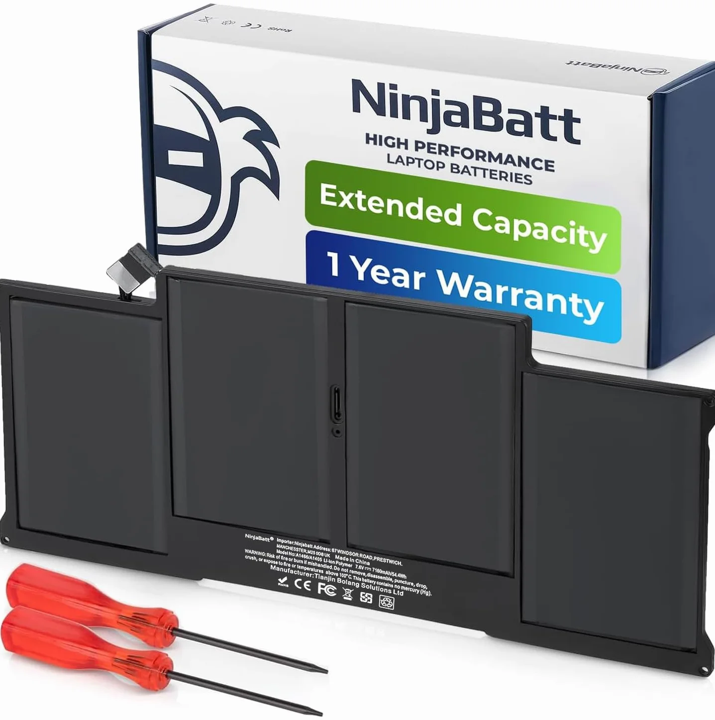 Batería NinjaBatt A1466 A1496 Compatible con Apple MacBook Air 13 Pulgadas [2010 2011 2012 2013 2014 2015 2016 2017 Años] A1369 A1405 A1377 - Alto Rendimiento [7160mAh/54.4Wh/7.6V]