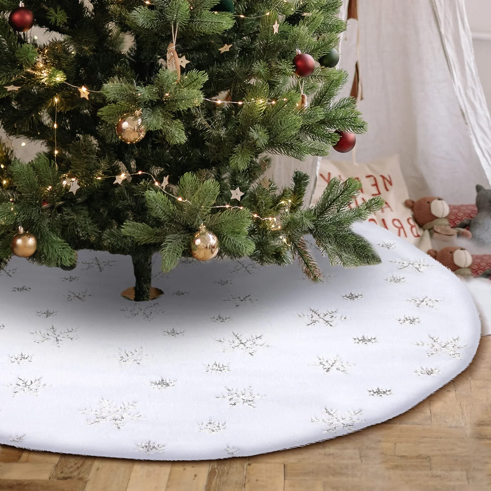 Falda Árbol de Navidad Blanco 78 CM Redondo Tapete Decoración Alfombra Manta Plata