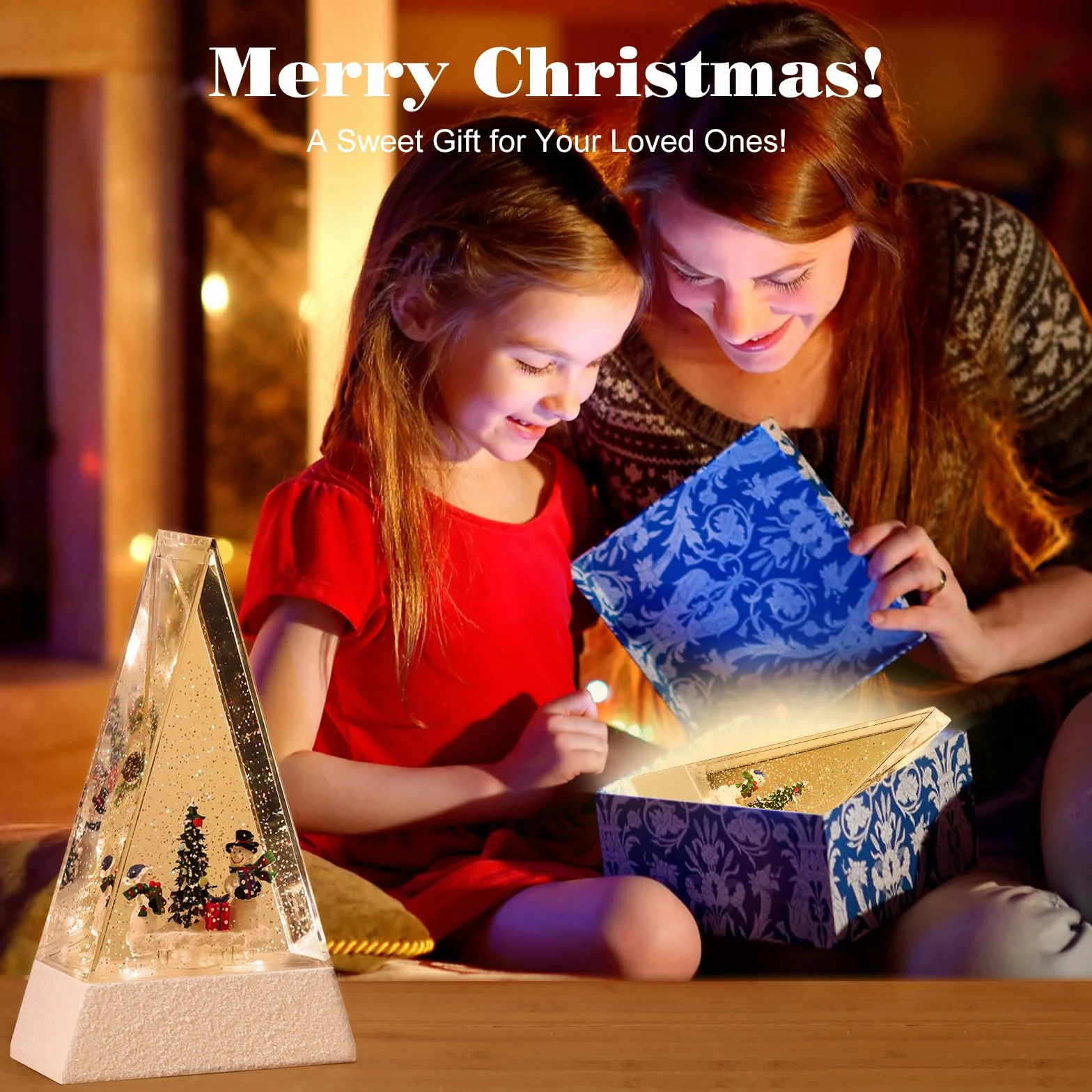 Globo de Nieve Navideño Triangular con Luz LED, Muñeco de Nieve con 8 Canciones y Temporizador 6H USB/Batería