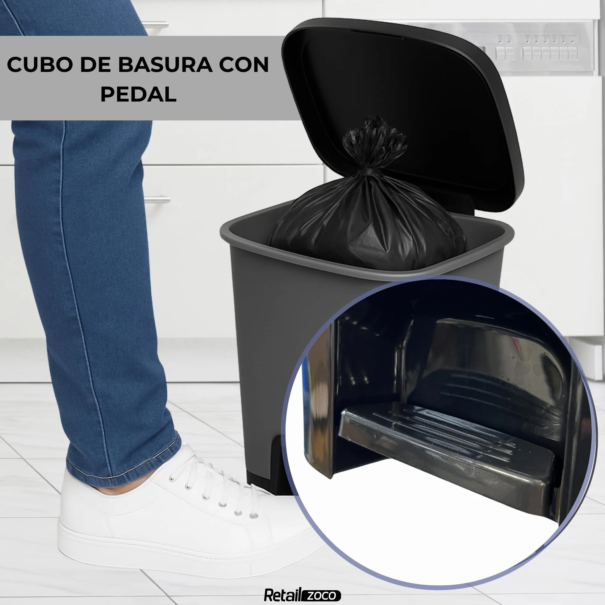 TECHZOCO Cubo basura plástico apertura pedal 27L 45x38x32 cm Gris/Negro