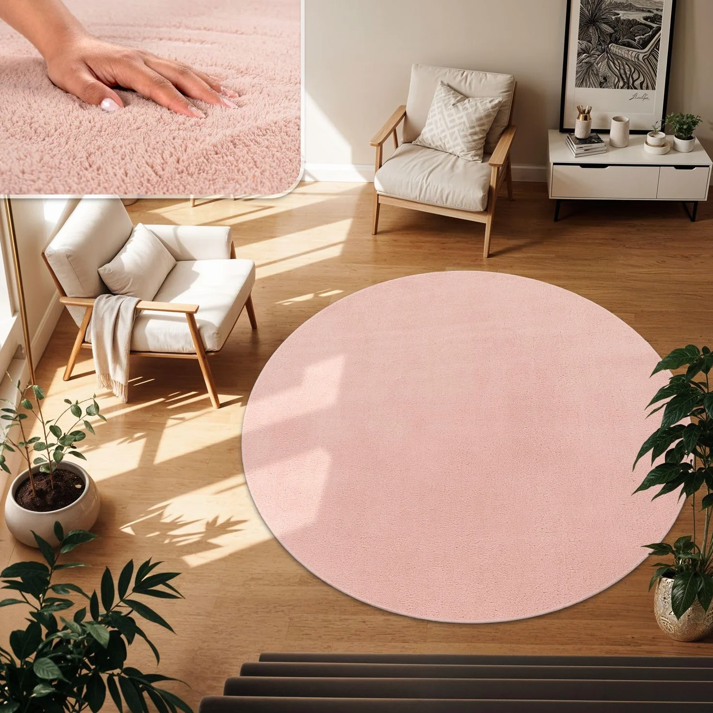 TT Home Alfombra Salón Pelo Corto Monocolor Diseño Moderno Lavable, Color: Rose, Tamaño:80 cm Redondo