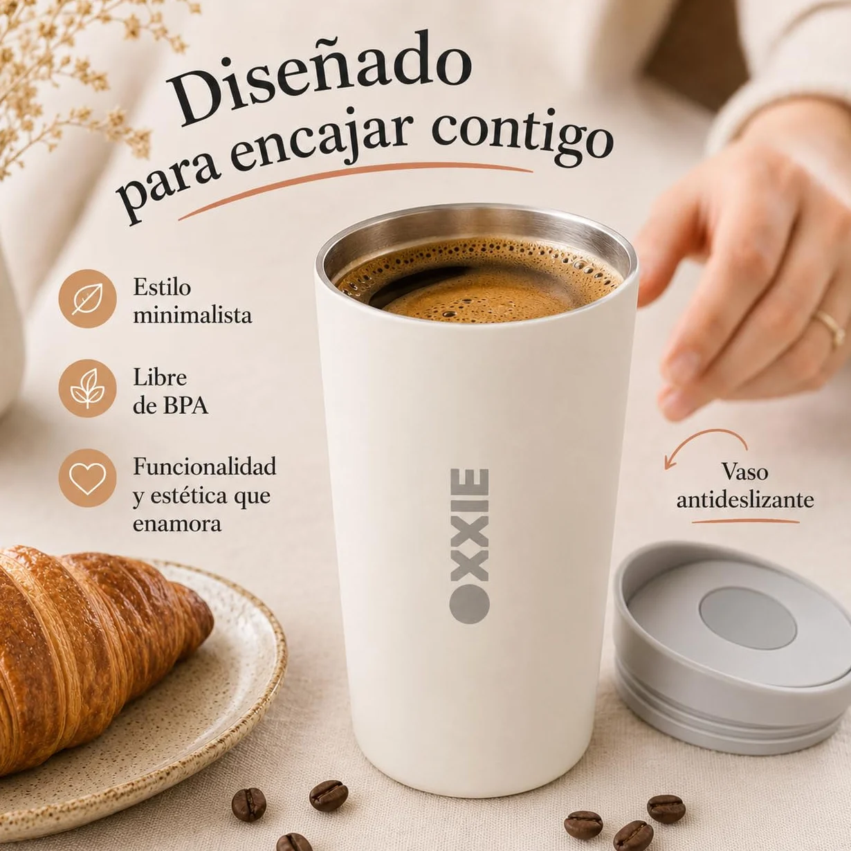 Vaso Termo Cafe 350ml Acero Inoxidable Doble Pared Taza Termica con Tapa Hermetica Reutilizable Antigoteo Beige
