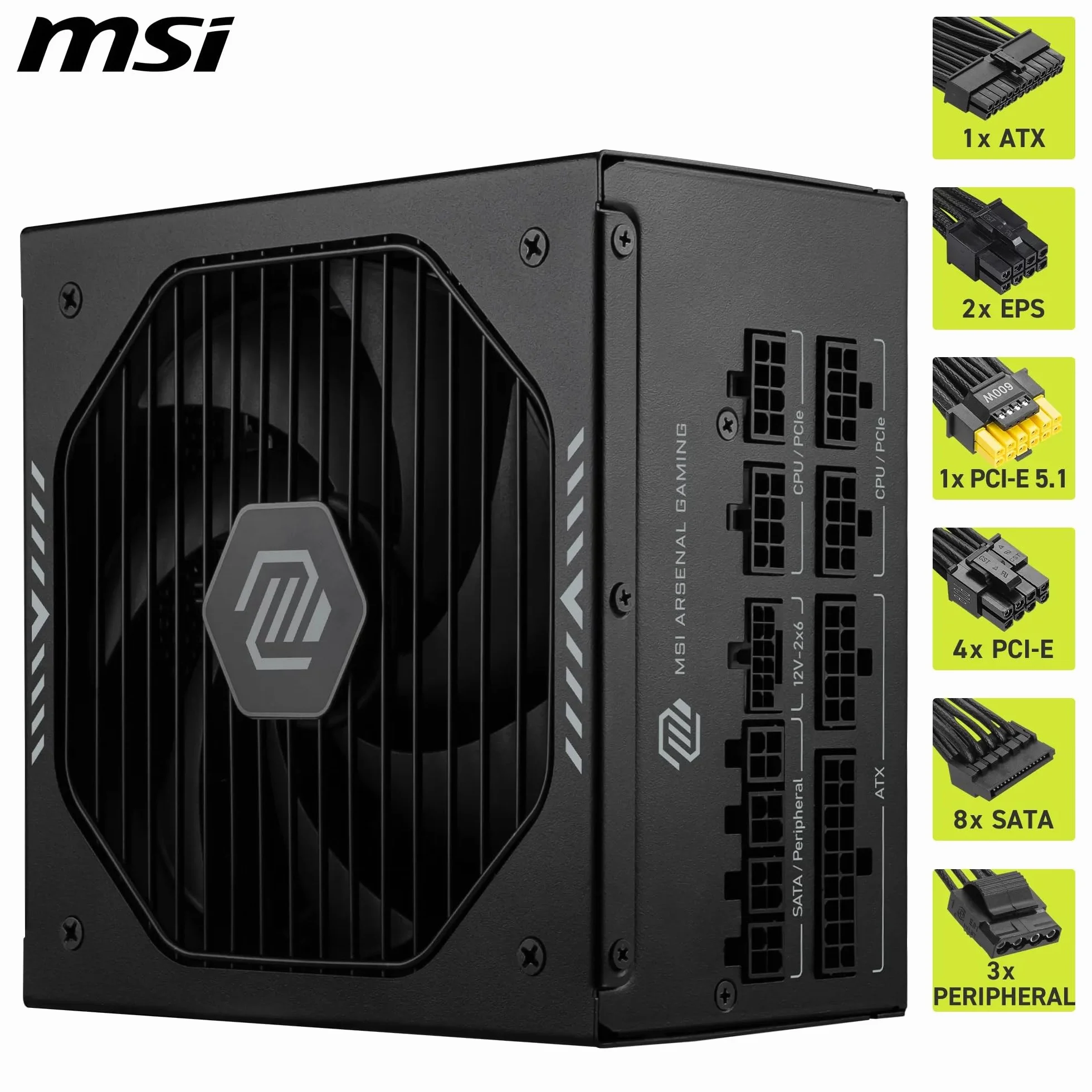 MSI mag A850GLS PCIE5, Fuente de alimentación, 850W, 80 Plus Gold, ATX 3.1, Compatible con GPU PCIe 5.1, 12V-2x6 nativos, Conector 12V-2x6 de Dos Colores, Fuente de alimentación ATX