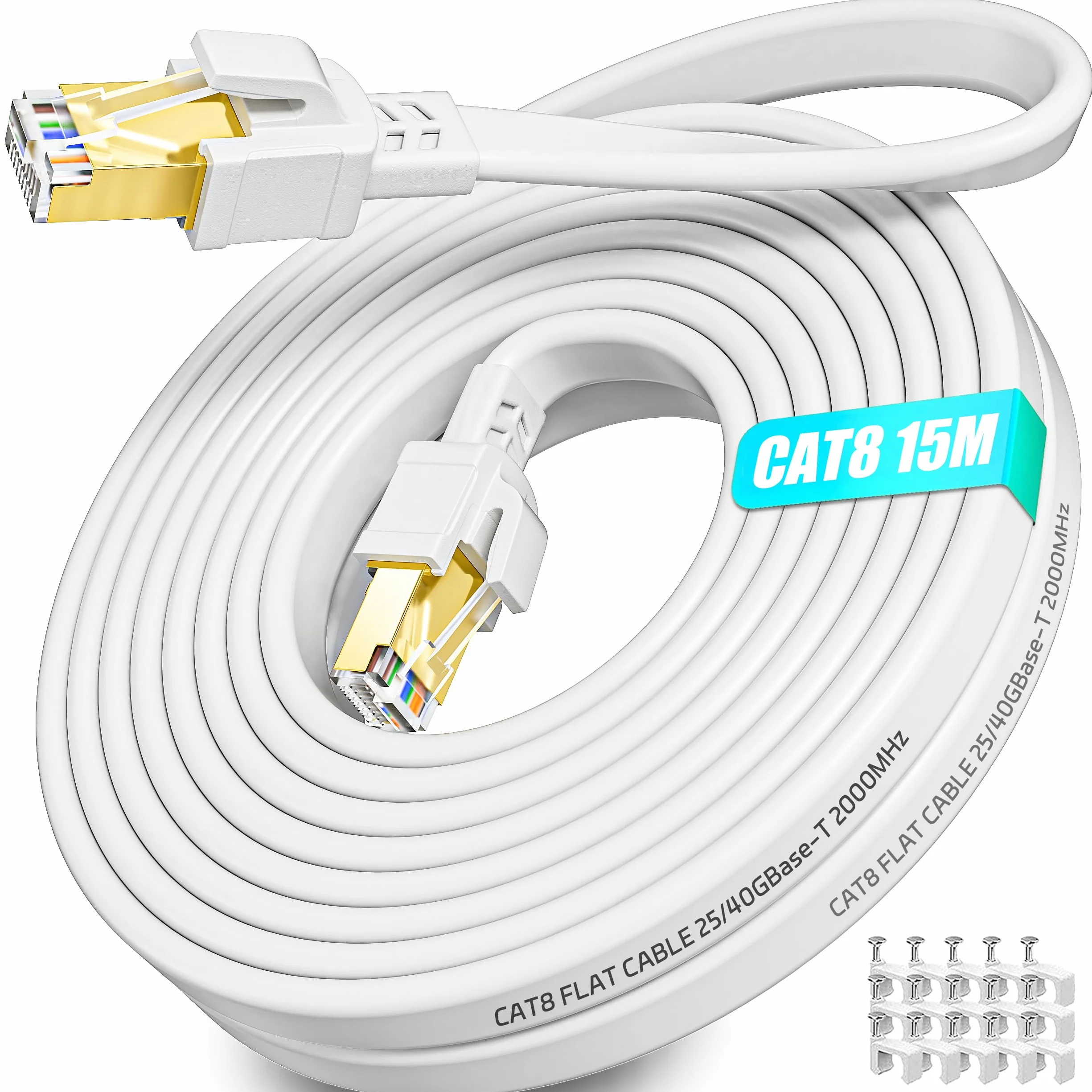 Soibke Cable Ethernet 15 metros, Cable de Red Cat 8 Alta Velocidad Blindado FTP 40Gbps 2000MHz Blanco Cable Lan 15m, Gigabit Cabl de Internet Plano Impermeable para Rúter Módem (15 Clips)