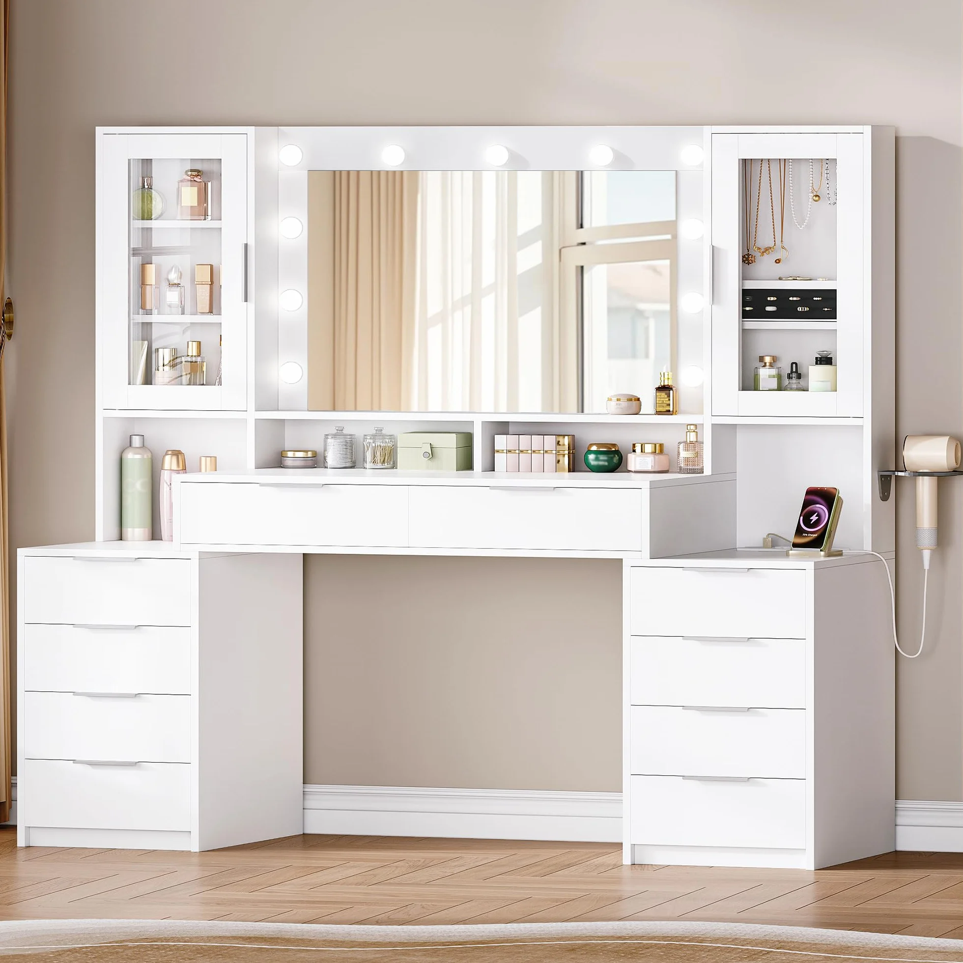 Hzuaneri 150 cm Tocador de Maquillaje Grande, Toma de Corriente, 11 Globos de Luz LED, 3 Colores, 10 Cajón, Almacenamiento de Joyas, Almacenamiento de Gran Capacidad, Blanca-Plata DT43703XEU