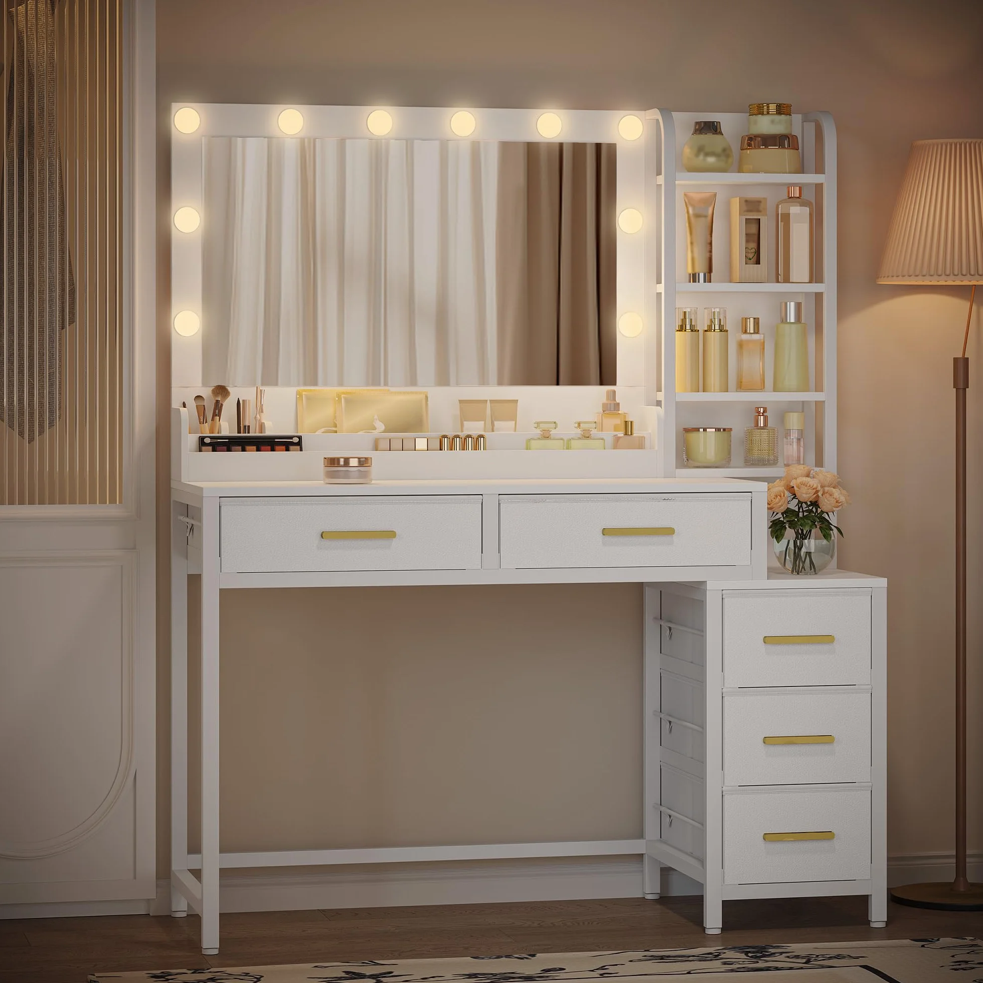 HEXCELEN Tocador de Maquillaje con Luz LED 110 cm, 3 Colores Brillo Ajustable, Espejo Grande, 5 Cajones, Blanco