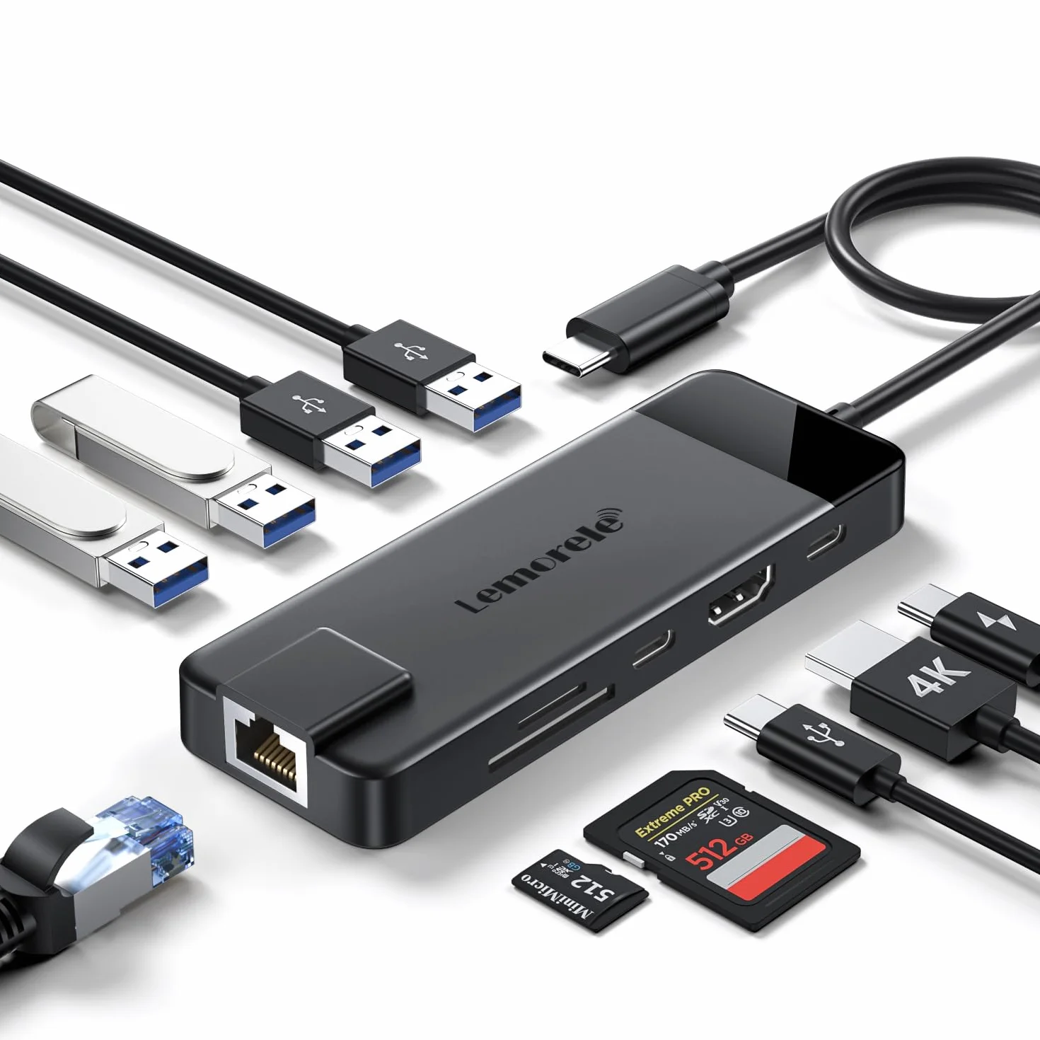Lemorele Hub USB C Ethernet 1000M -10 EN 1, Docking Station con HDMI 4K, 4 USB 3.0/2.0, PD 100W, SD/TF, USB-C Dato 3.0, Adaptador para Macbook Air/Pro, Chromecast, Windows