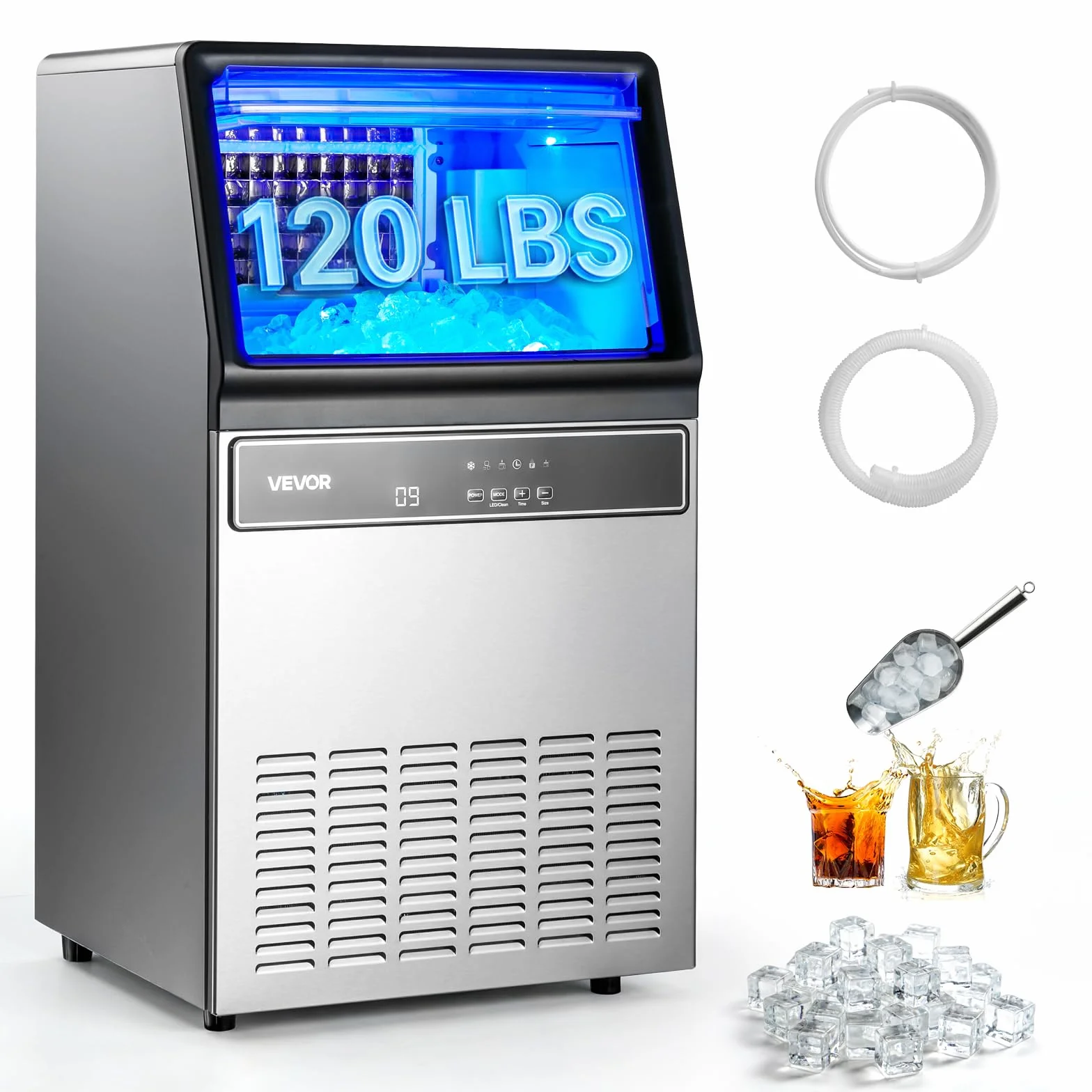 VEVOR Máquina para Fabricar Hielo 54,4 kg/24 h 15 kg Acero Inoxidable Encimera Pantalla LED