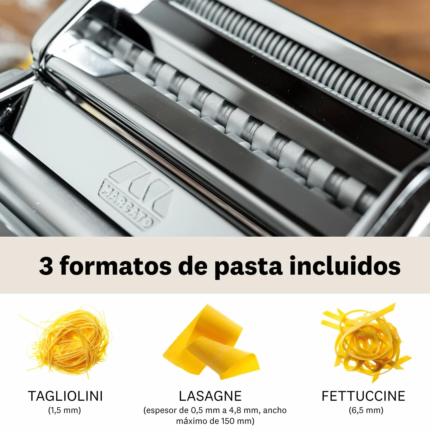 Marcato Atlas 150 Máquina para Pasta Acero Cromado 15 cm 3 Accesorios