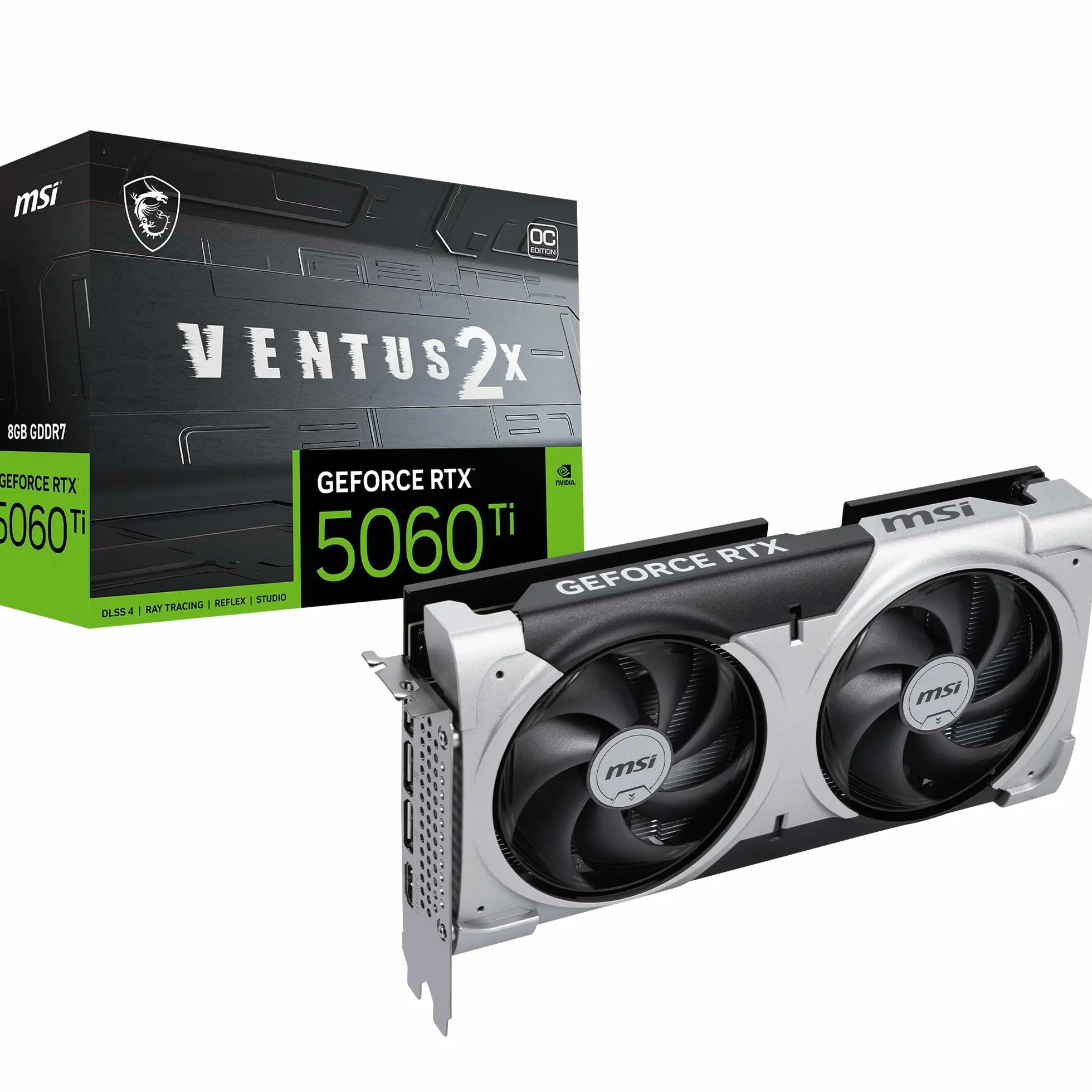 MSI GeForce RTX 5060 Ti 8G Ventus 2X OC Plus Tarjeta gráfica, RTX 5060 Ti, 8 GB GDDR7 (28 Gbps/128 bits), PCIe 5.0 - Diseño térmico de Doble Ventilador (2 x Ventilador STORMFORCE) - HDMI 2.1b