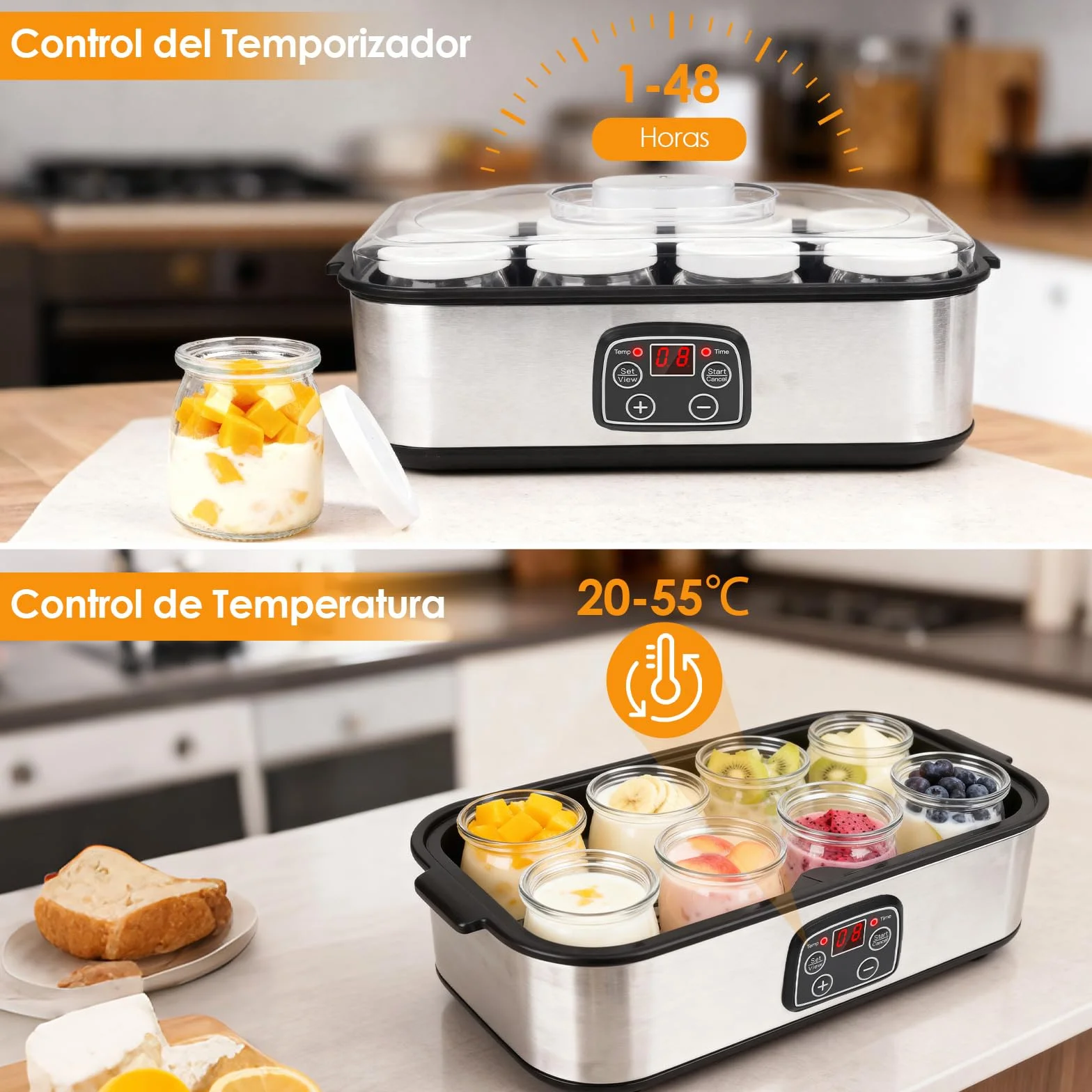 Dreamhigh Yogurtera Eléctrica 1.4L 8 Tarros de Cristal 180ml Temporizador 1-48H Apagado Automático