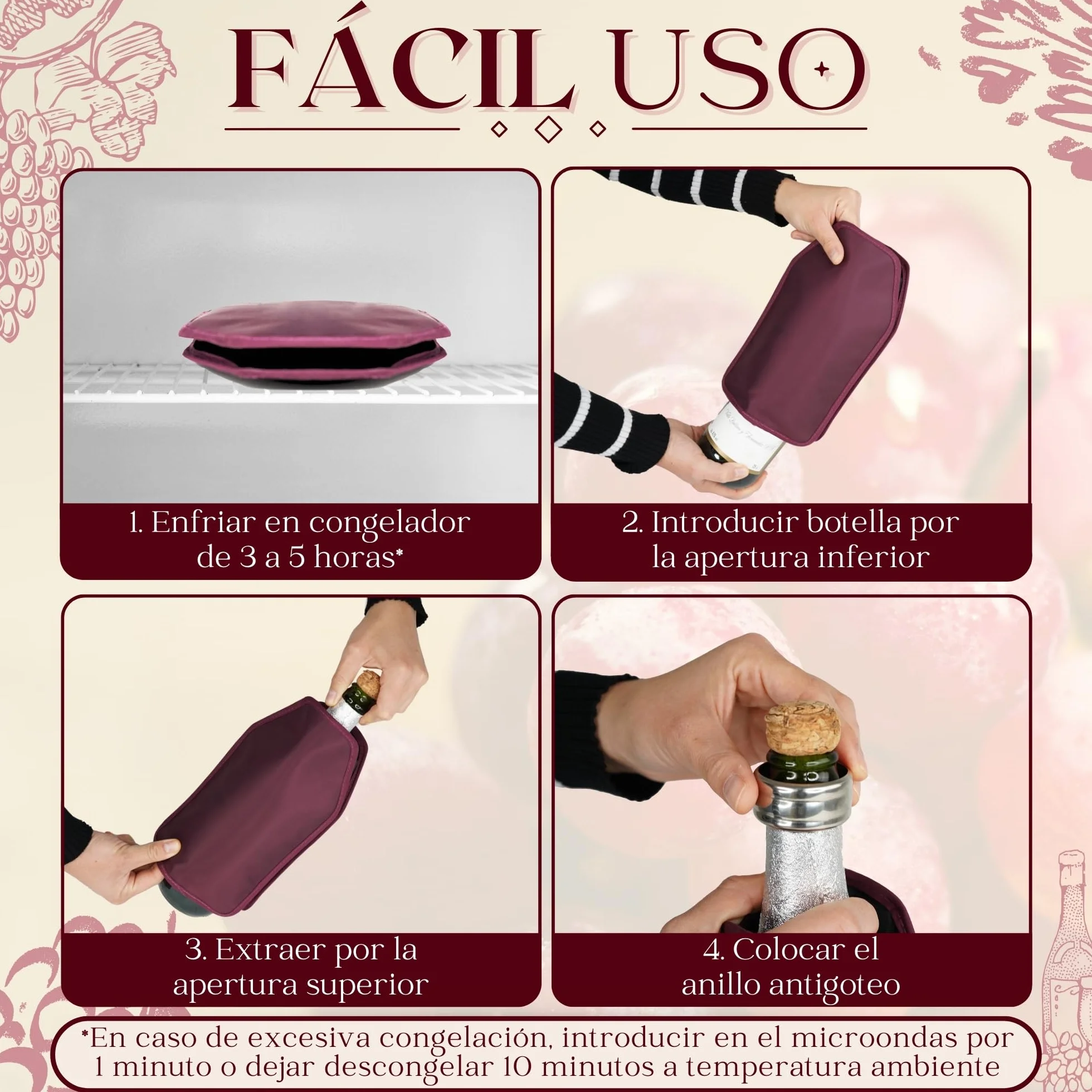 Enfriador de Botellas de Vino Reutilizable con Gel – Funda Enfriadora sin Hielo – Mantiene el Vino Frío 2h – Burdeos