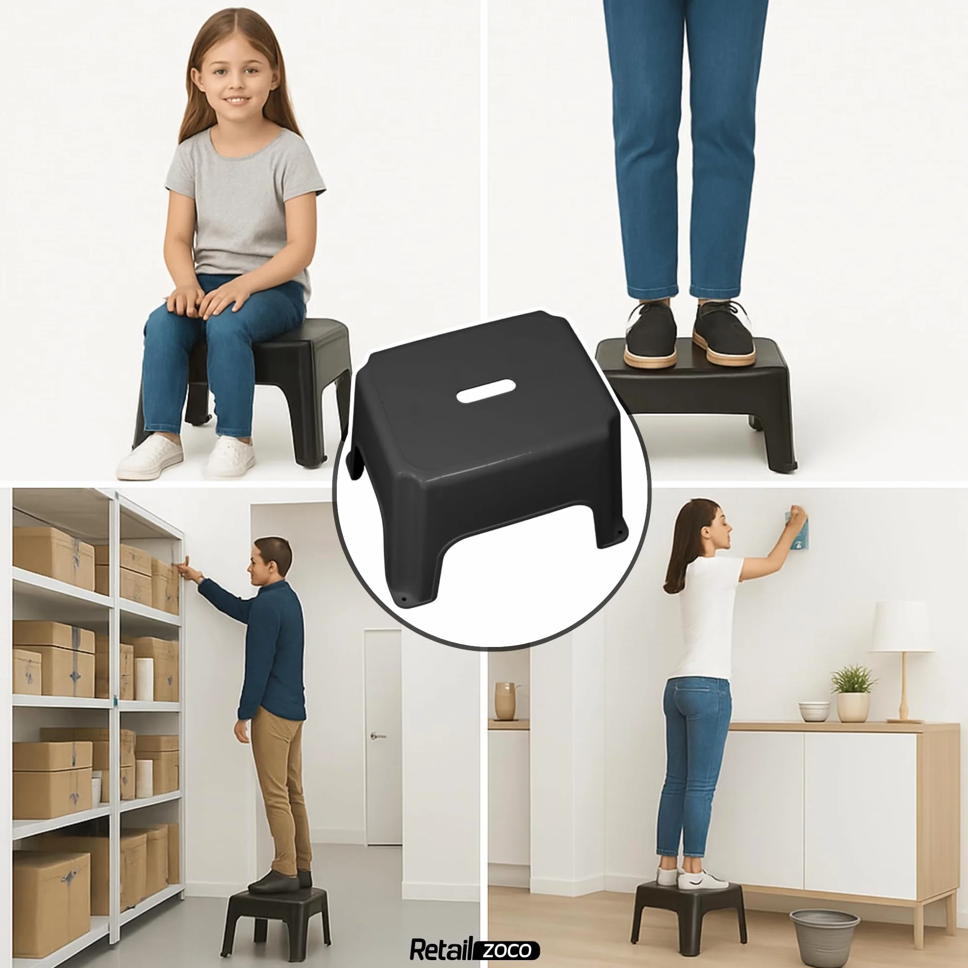 TECHZOCO Taburete de Plástico Apilable Multiusos, 150Kg, 28x35 cm, Negro