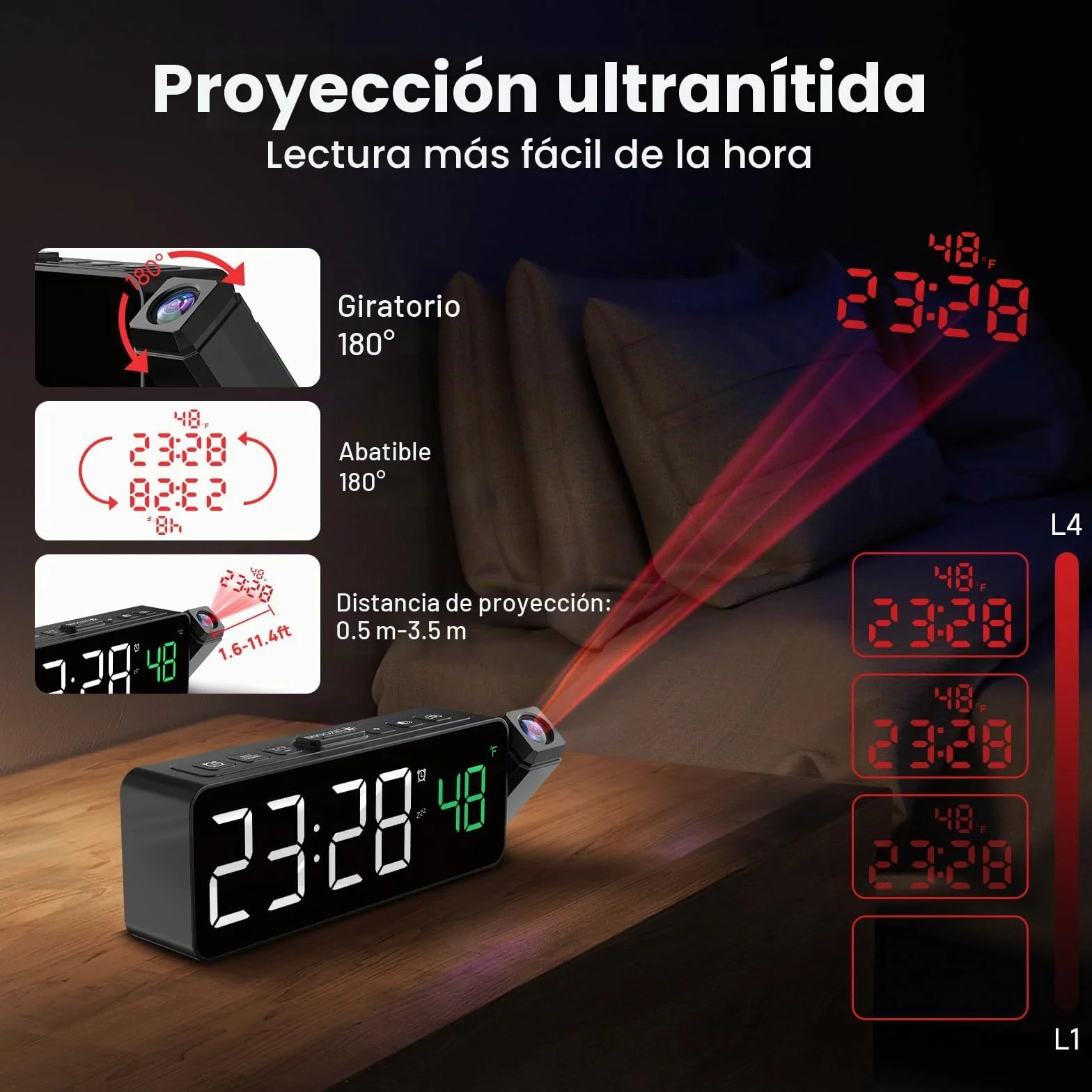 Netzu Reloj Despertador Digital con Proyector 180° Pantalla LED Temperatura Brillo Ajustable