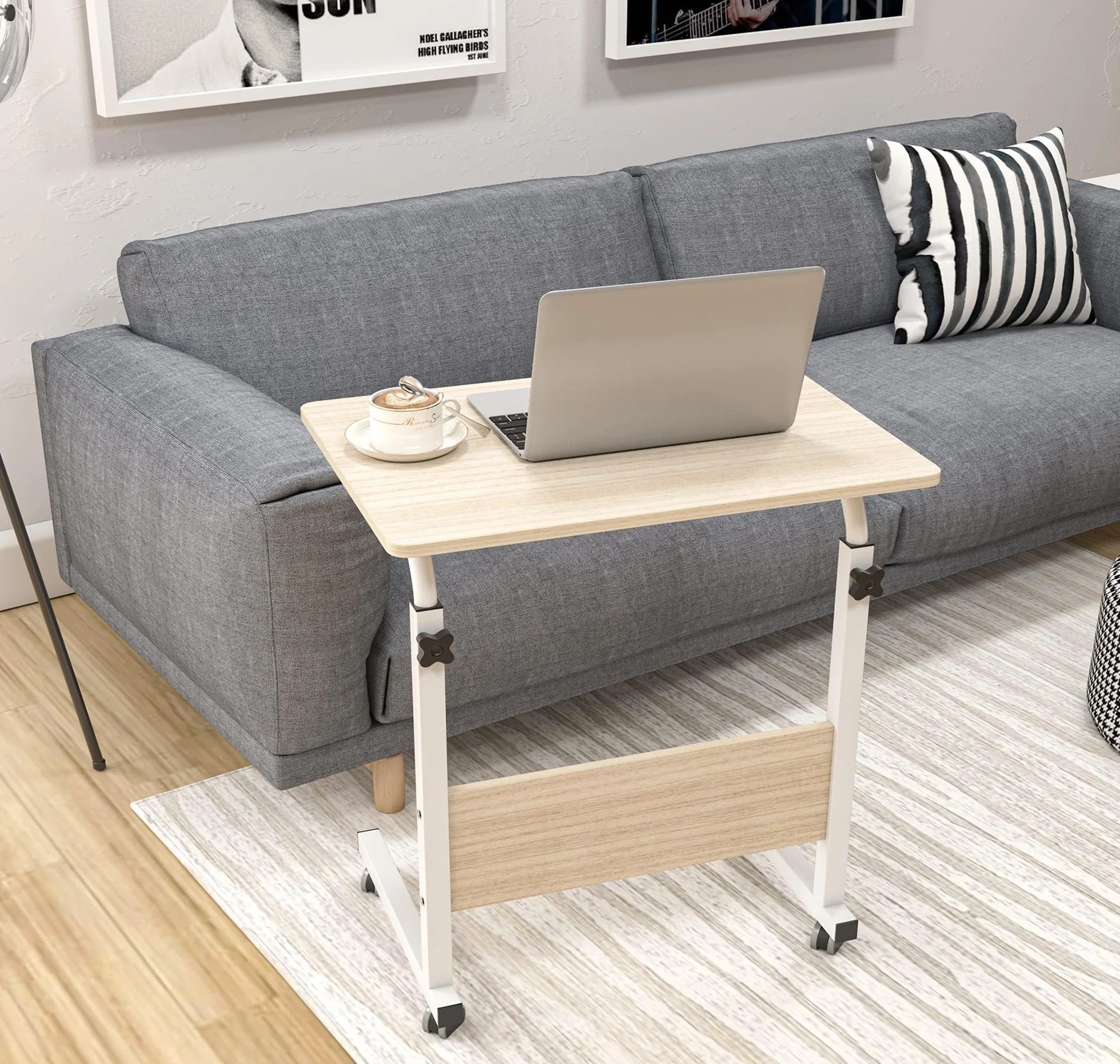 Mesa portatil Ordenador Escritorio con Ruedas 60x40cm Ajustable Altura (Arce Blanco)